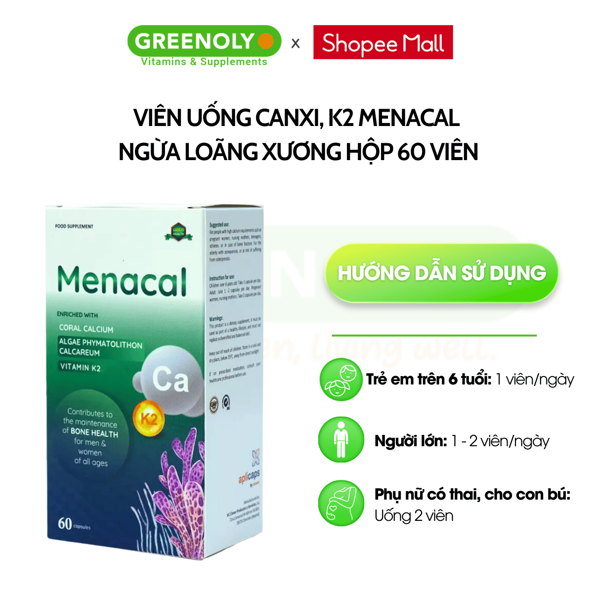 Mô tả Viên uống Canxi EU tảo biển Aplicaps Menacal bổ sung Canxi, vitamin K2 và D3 hộp 60 viên - 3