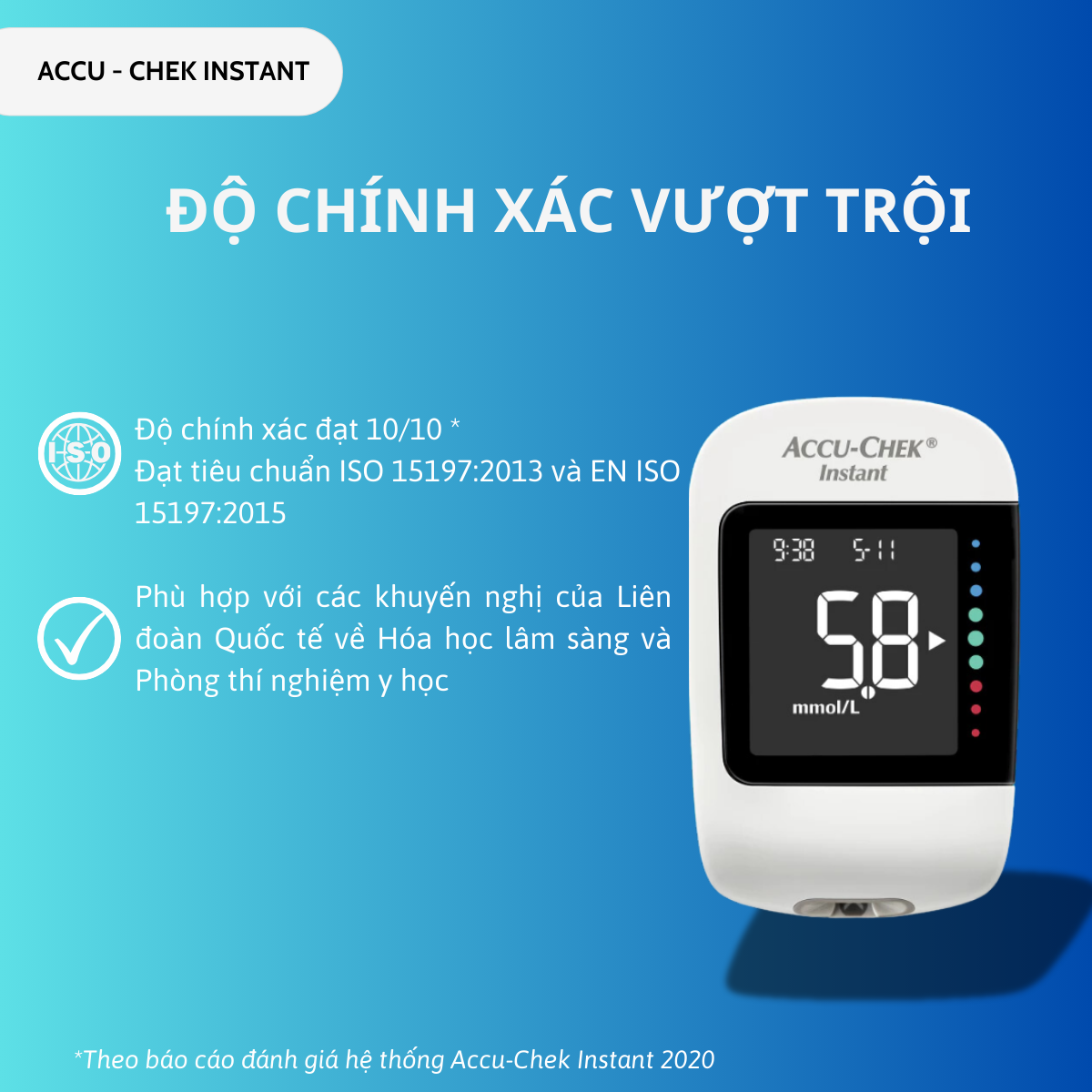 Mô tả Bộ máy đo đường huyết Accu-chek Instant - Có kết nối bluetooth - Có dải màu sắc chỉ thị khoảng đường huyết - 3