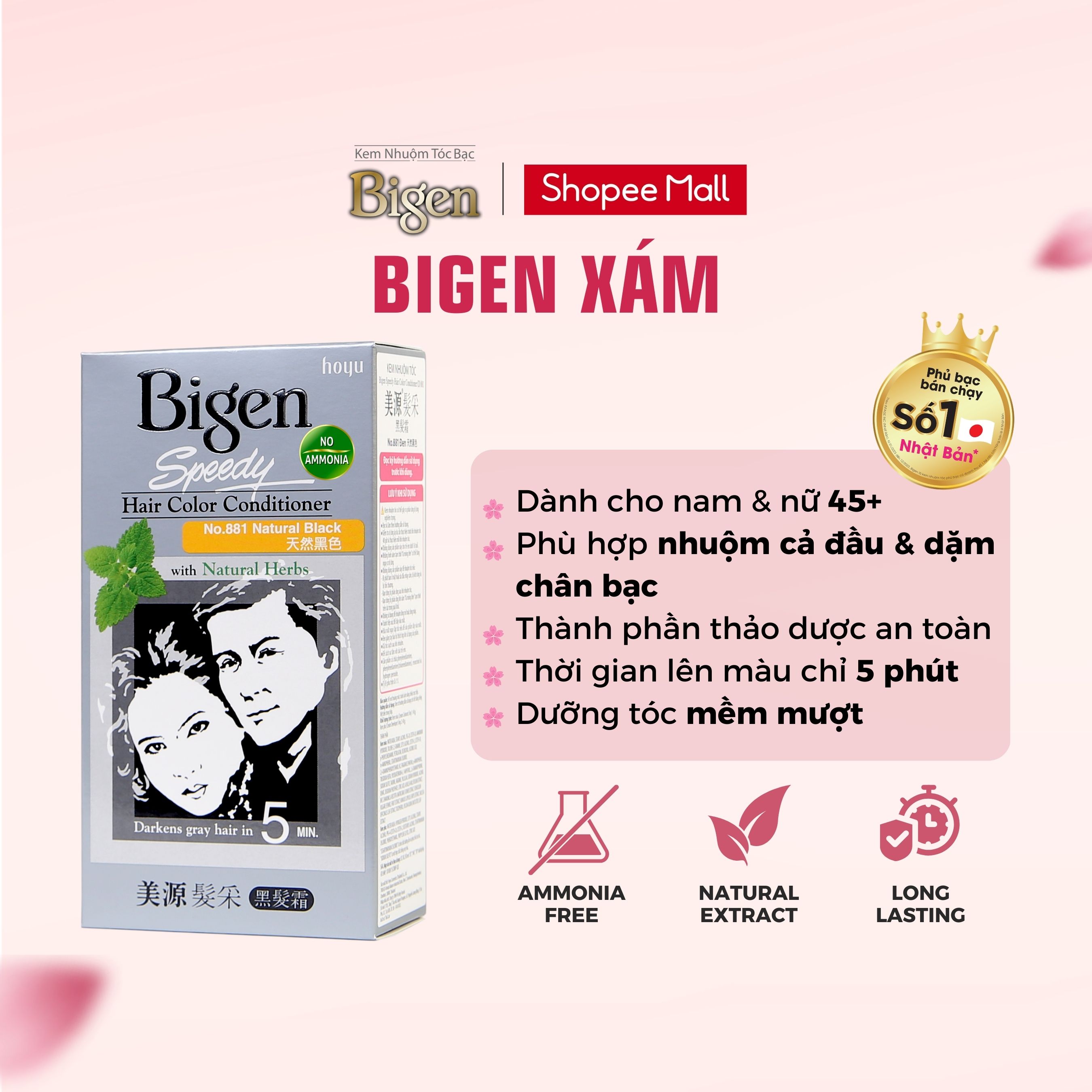 Mô tả Thuốc Nhuộm Tóc Phủ Bạc Dạng Kem Bigen Speedy - Bigen Xám Bền Màu, Phủ Bạc Thảo Dược Hoàn Hảo Dưỡng Tóc Mềm Mượt 80ml - 1
