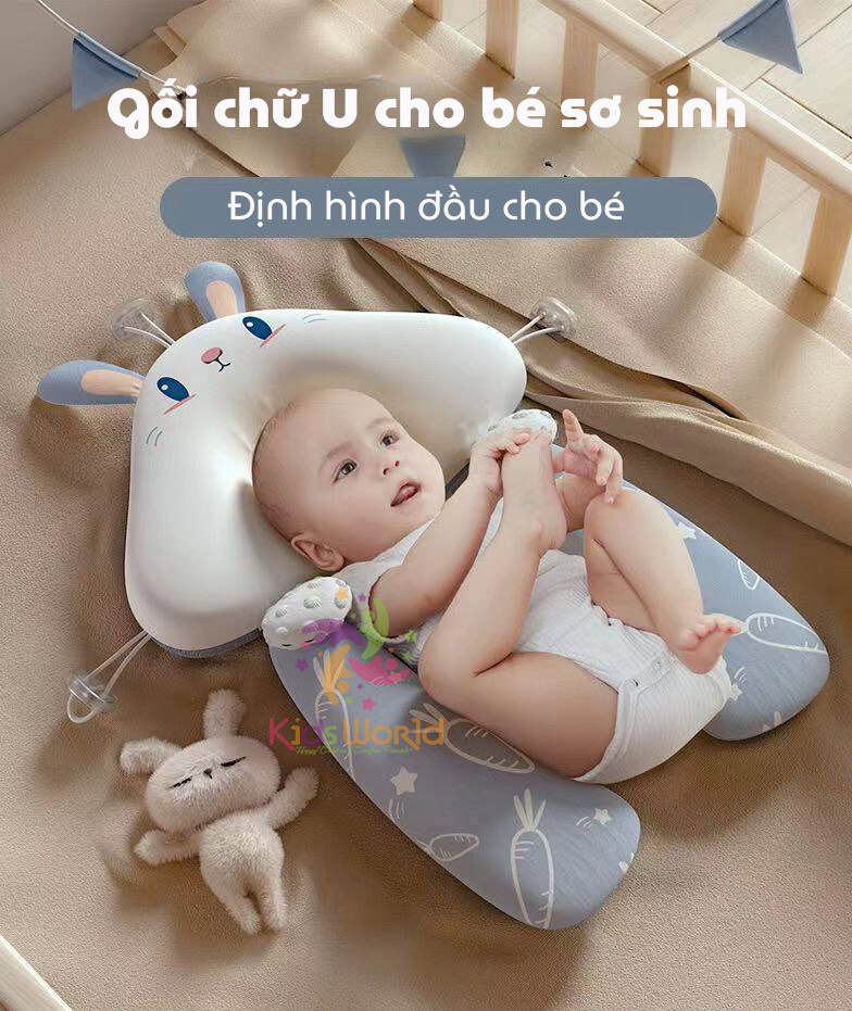 Mô tả Gối chữ U chống giật mình cho bé, có định hình chống bẹp đầu cho trẻ sơ sinh có kèm dây rút điều chỉnh vòng đầu - 1