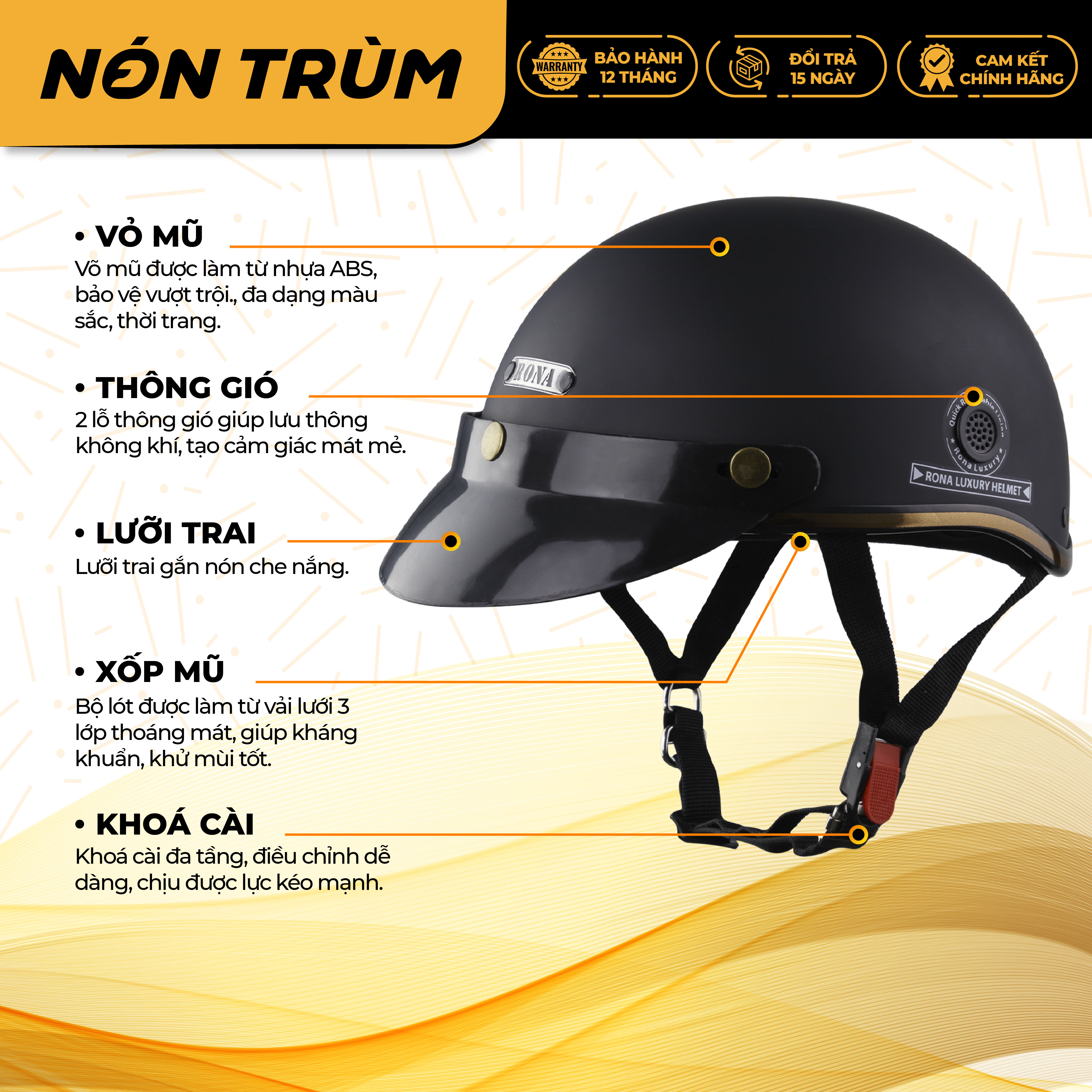 Mô tả Mũ bảo hiểm xe máy 1/2 Rona haly luxury kèm kính phi công đồng chính hãng đi xe máy tại Nón Trùm - 1