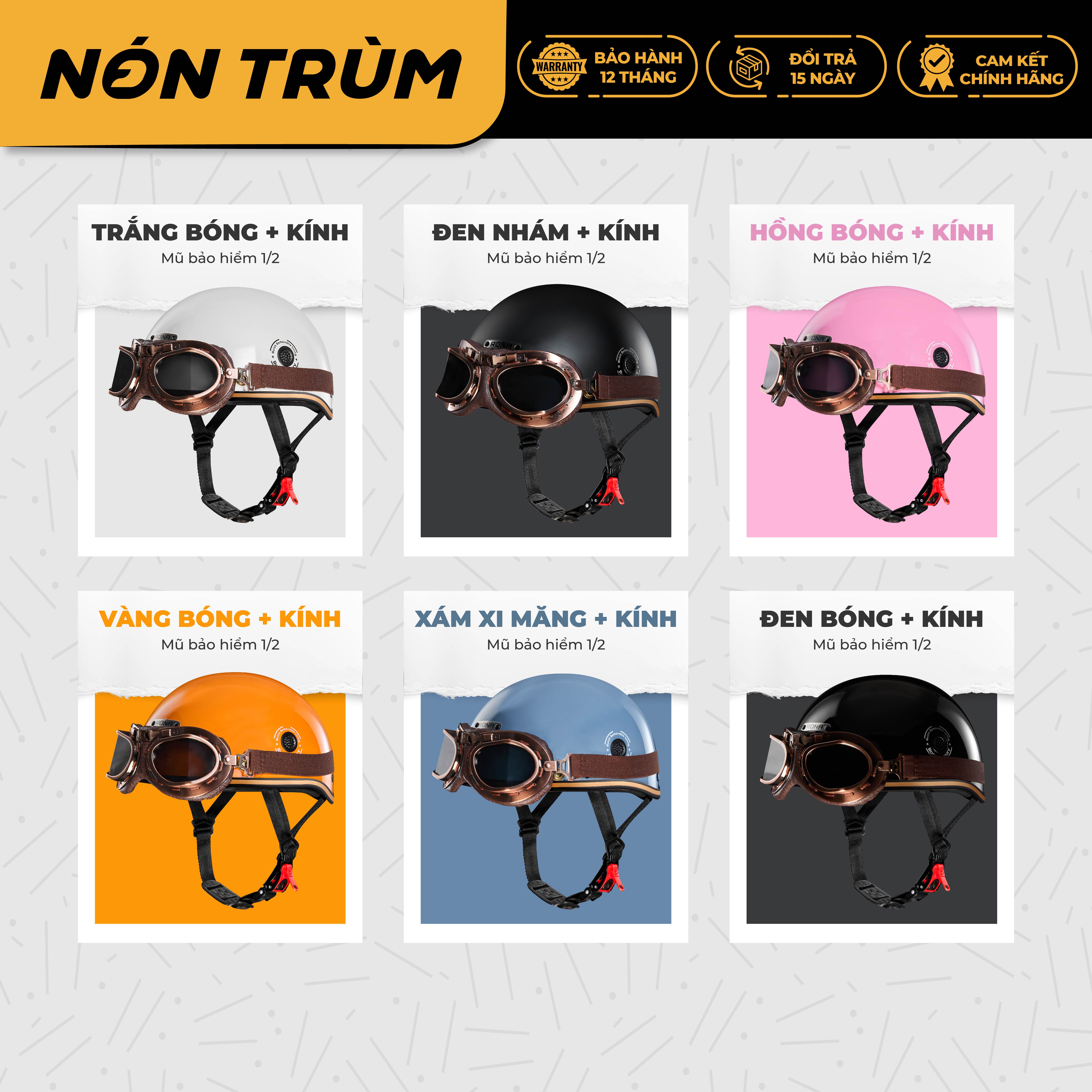 Mô tả Mũ bảo hiểm xe máy 1/2 Rona haly luxury kèm kính phi công đồng chính hãng đi xe máy tại Nón Trùm - 5
