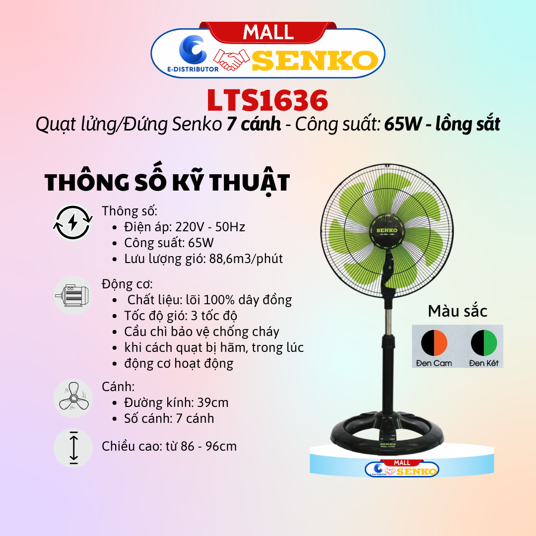 Mô tả Quạt lửng thân sắt 7 cánh Senko LTS1636 - Màu tuỳ chọn - Hàng chính hãng - 1