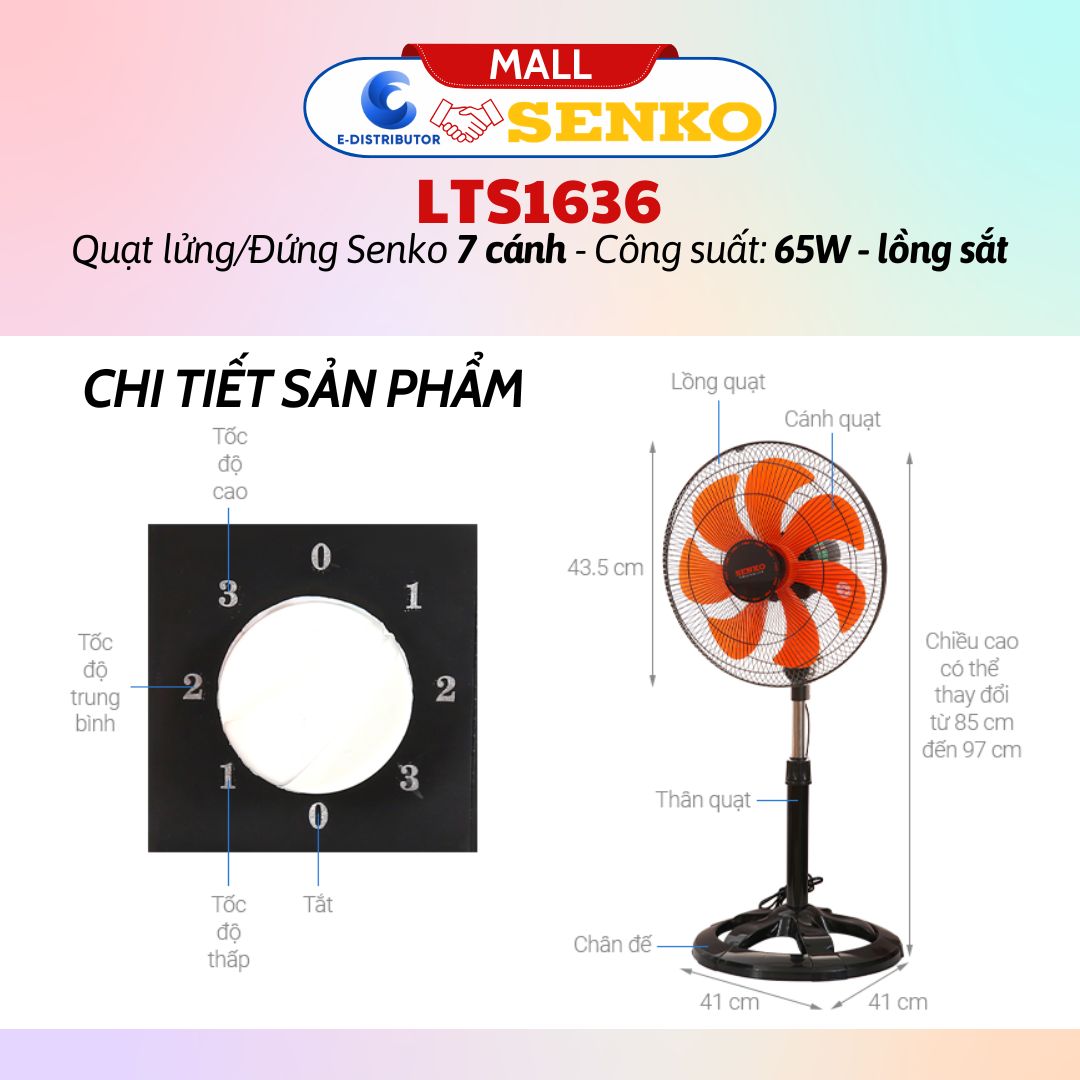 Mô tả Quạt lửng thân sắt 7 cánh Senko LTS1636 - Màu tuỳ chọn - Hàng chính hãng - 3