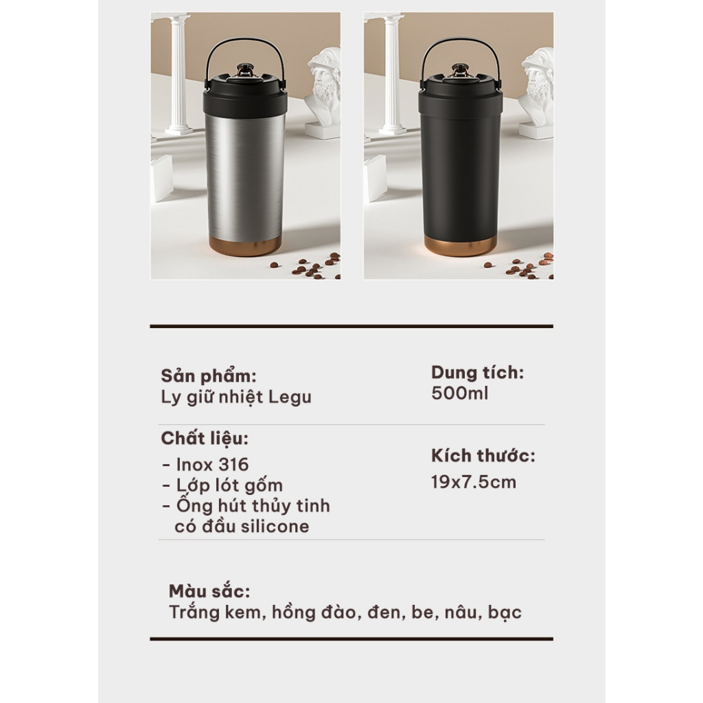 Mô tả Ly giữ nhiệt Levika  inox 316 lõi tráng sứ, cốc giữ nhiệt 500ml cao cấp có ống hút - 1