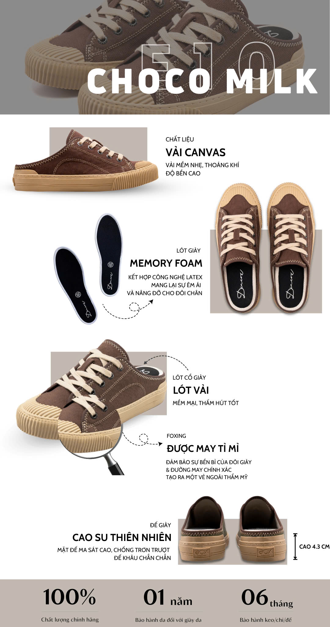 Mô tả Giày Sục Đạp Gót Mules Vải Sneaker Unisex E10 CHOCO MILK DINCOX Tăng Chiều Cao 4cm - 1