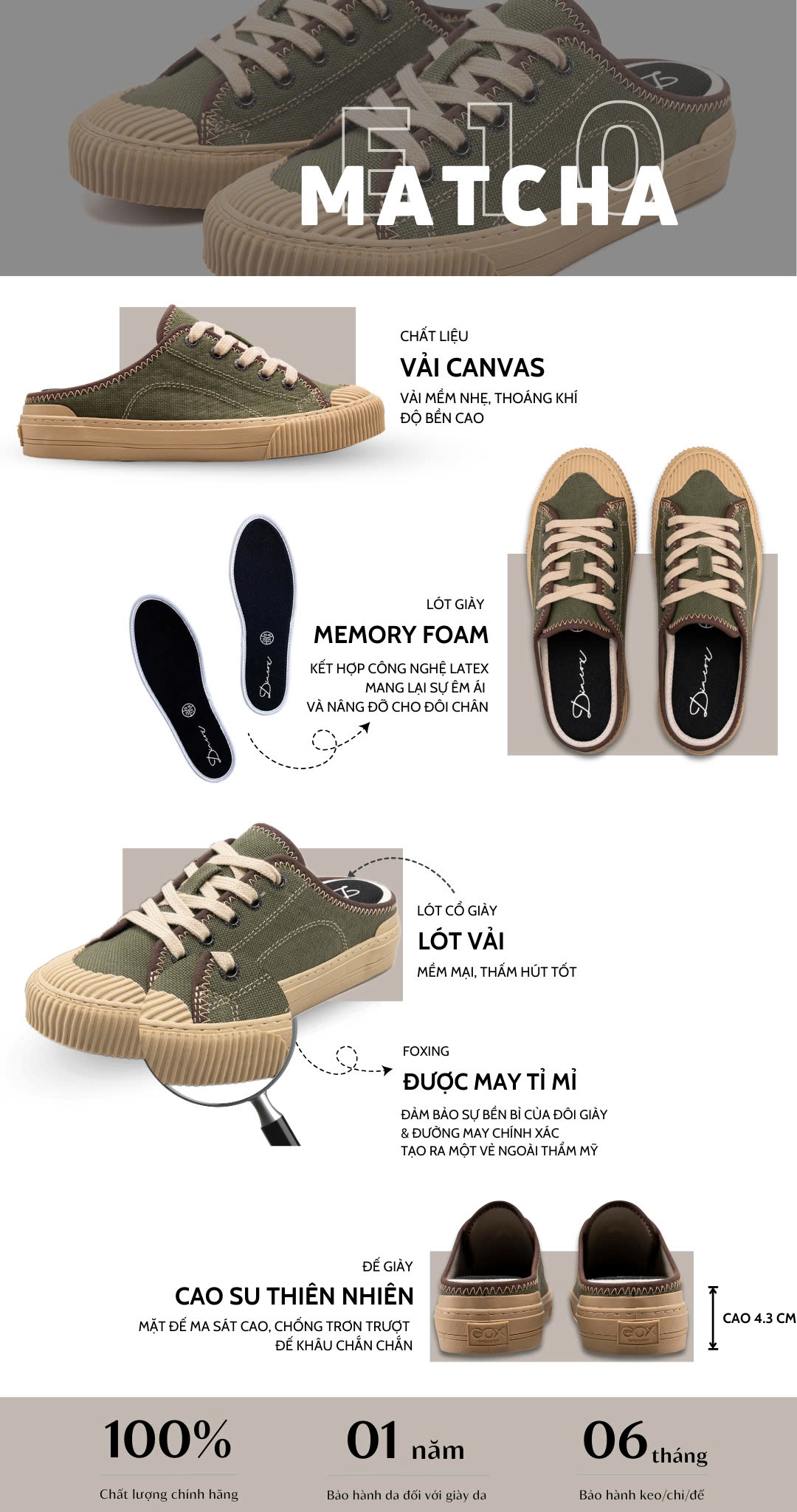 Mô tả Giày Sục Đạp Gót Mules Vải Sneaker Unisex E10 Matcha DINCOX Tăng Chiều Cao 4cm - 1