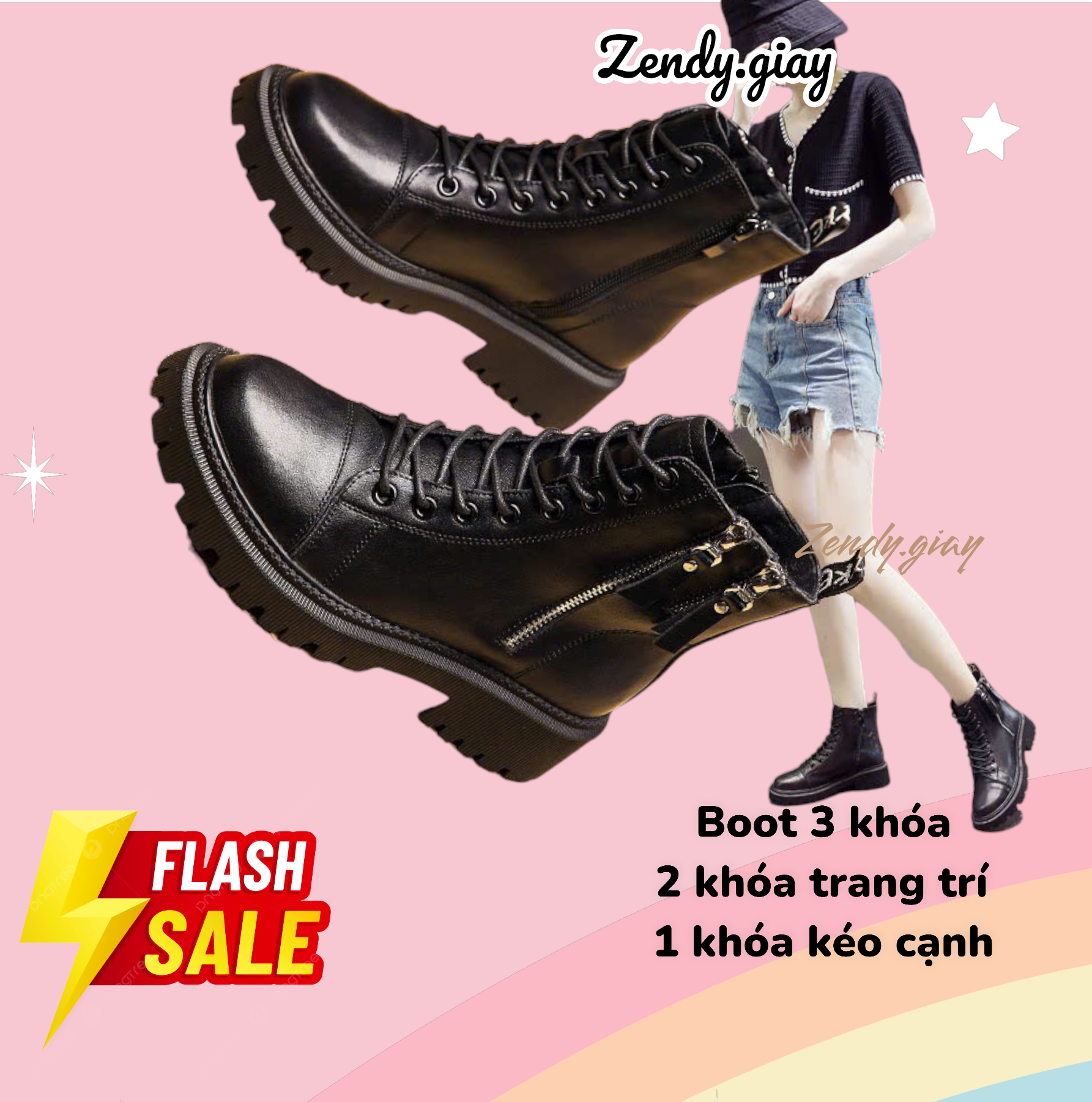 Bốt Nữ Boot Chiến Binh Khoá Sau và Khóa Cạnh Hàn Quốc Boot dây buộc 2 ...