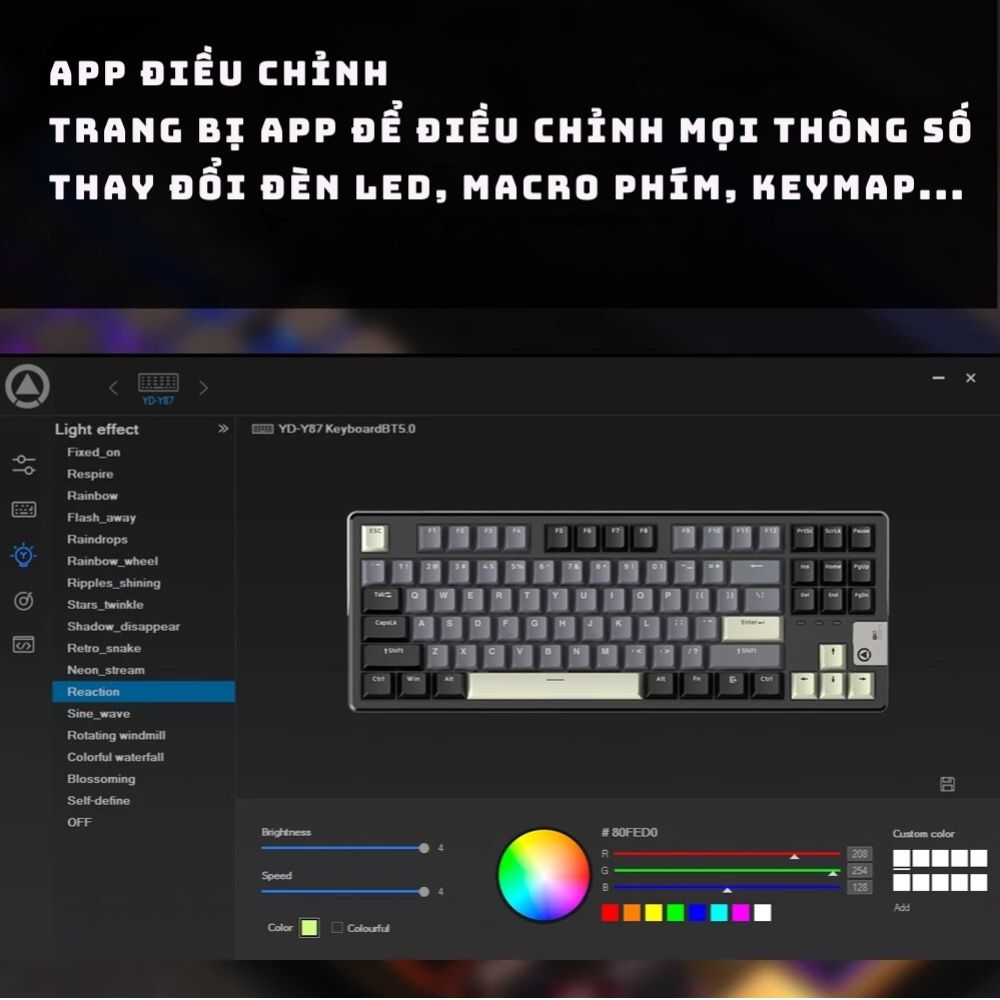 Bàn phím cơ không dây Y87 - 3 mode - Mạch xuôi 5 pin - App Marco - LED ...