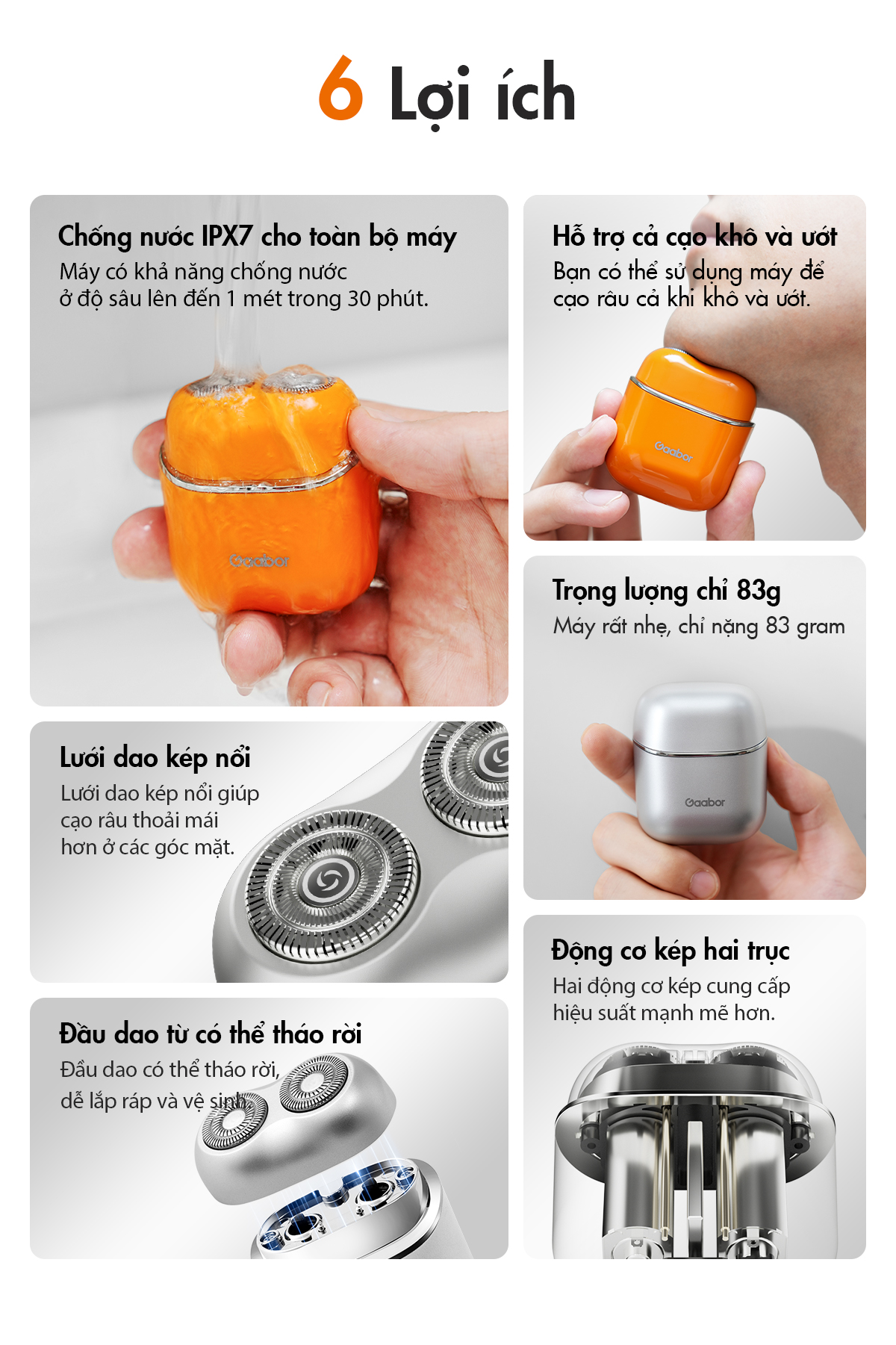 Mô tả Máy cạo râu thông minh Gaabor ER-T01 đầu cạo 3D ôm vòng, chống nước IPX7 nhỏ gọn dễ dàng mang đi - 6