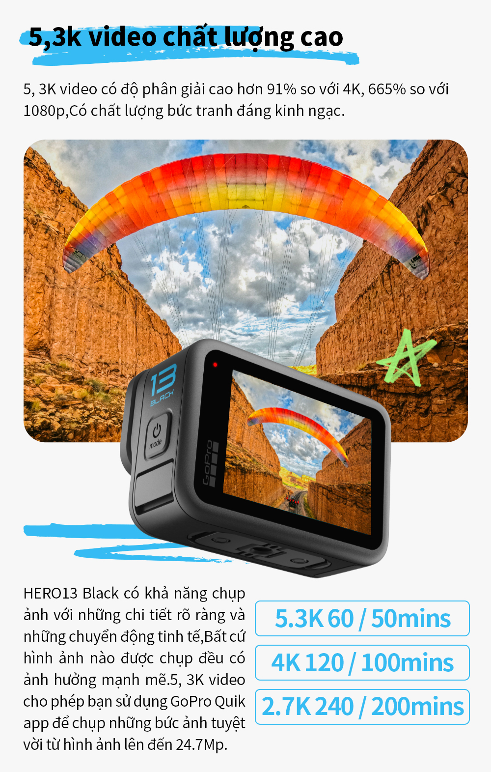 Mô tả GoPro HERO13 Black + Accessories Bundle Camera hành động chống nước, Video 5.3K, HyperSmooth 6.0 - 3