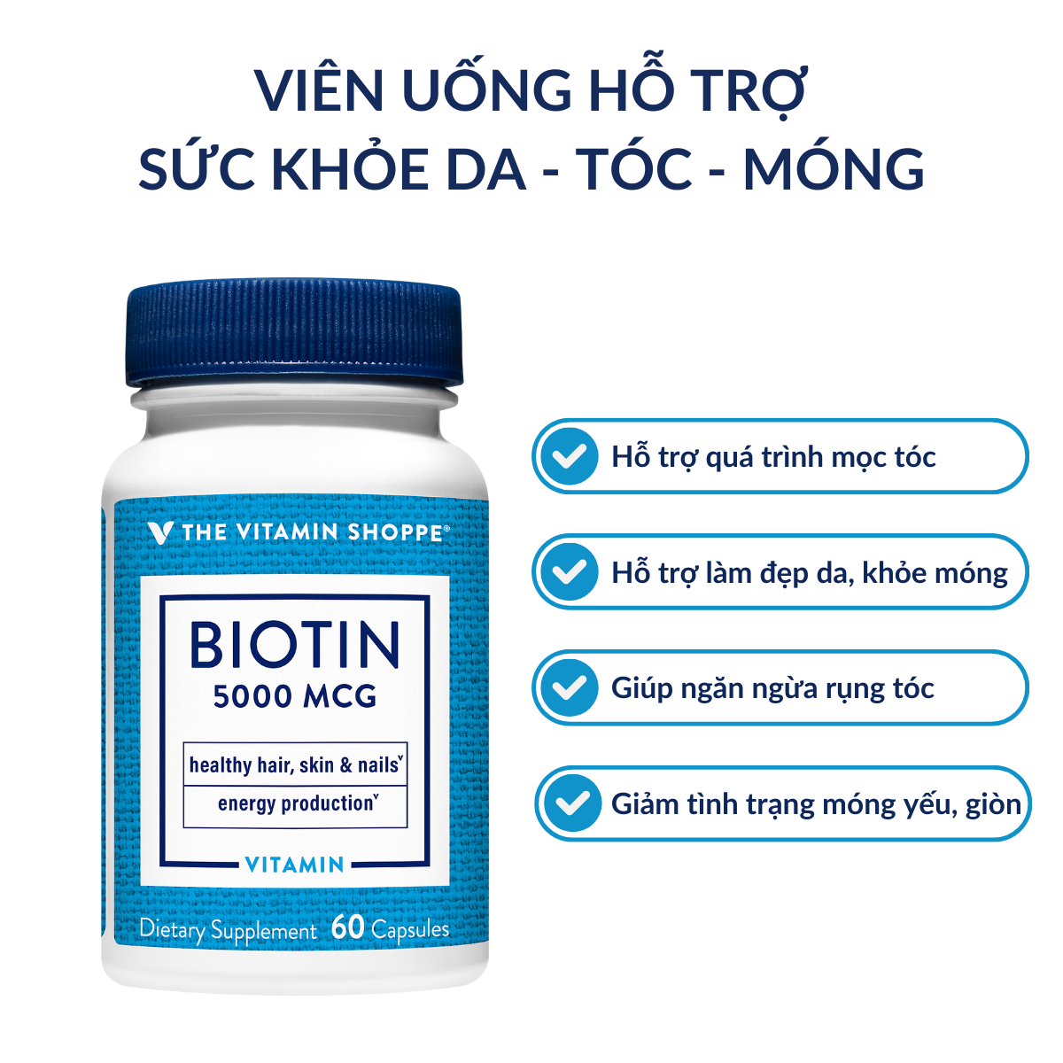 Mô tả Viên Uống Hỗ Trợ Sức Khỏe Da, Tóc, Móng THE VITAMIN SHOPPE Biotin 5000 MCG - 1