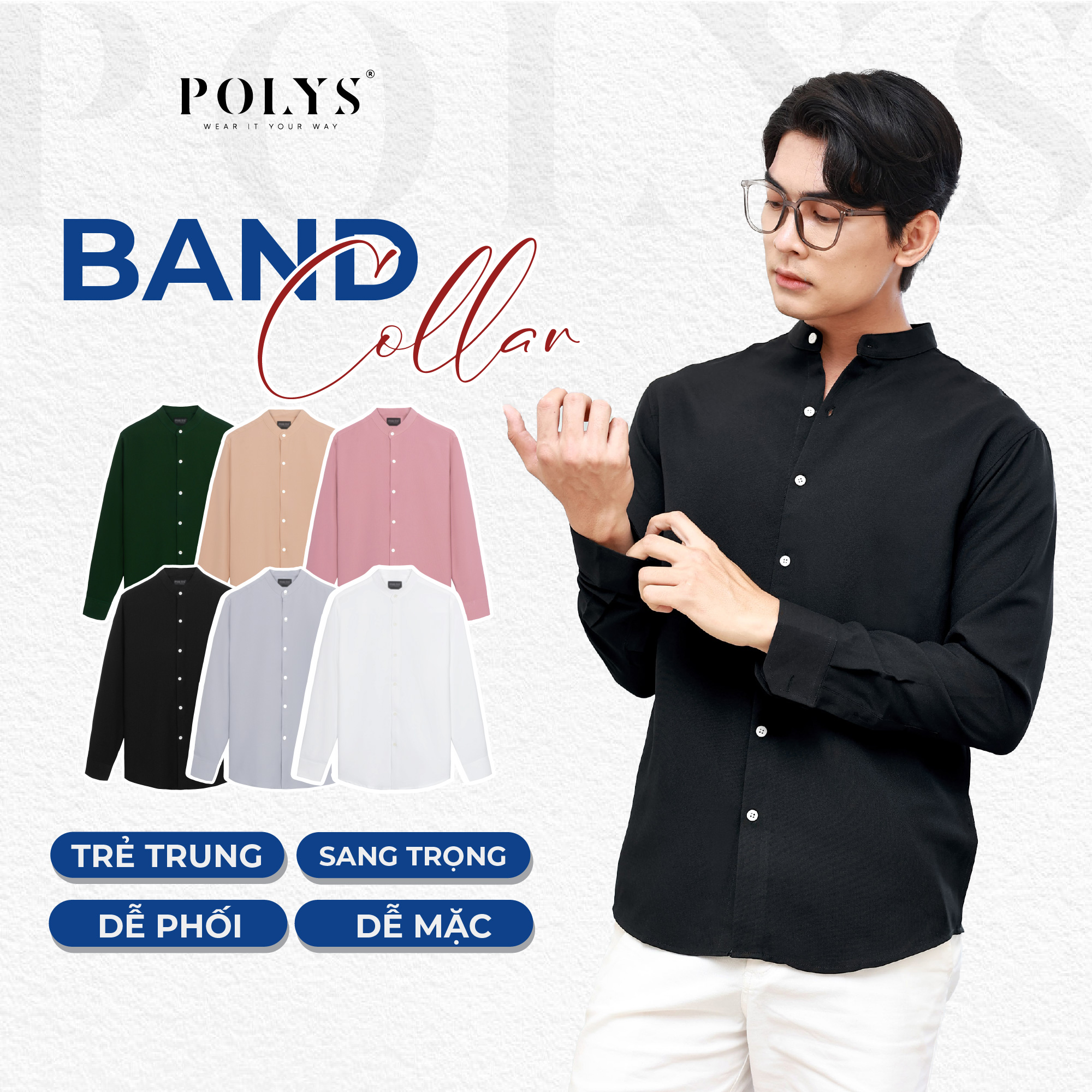 Mô tả Áo sơ mi cổ tàu tay dài POLYS Fullbox, Vải Ford mềm mịn, không nhăn Áo sơ mi cổ trụ tròn BAND COLLAR - 2