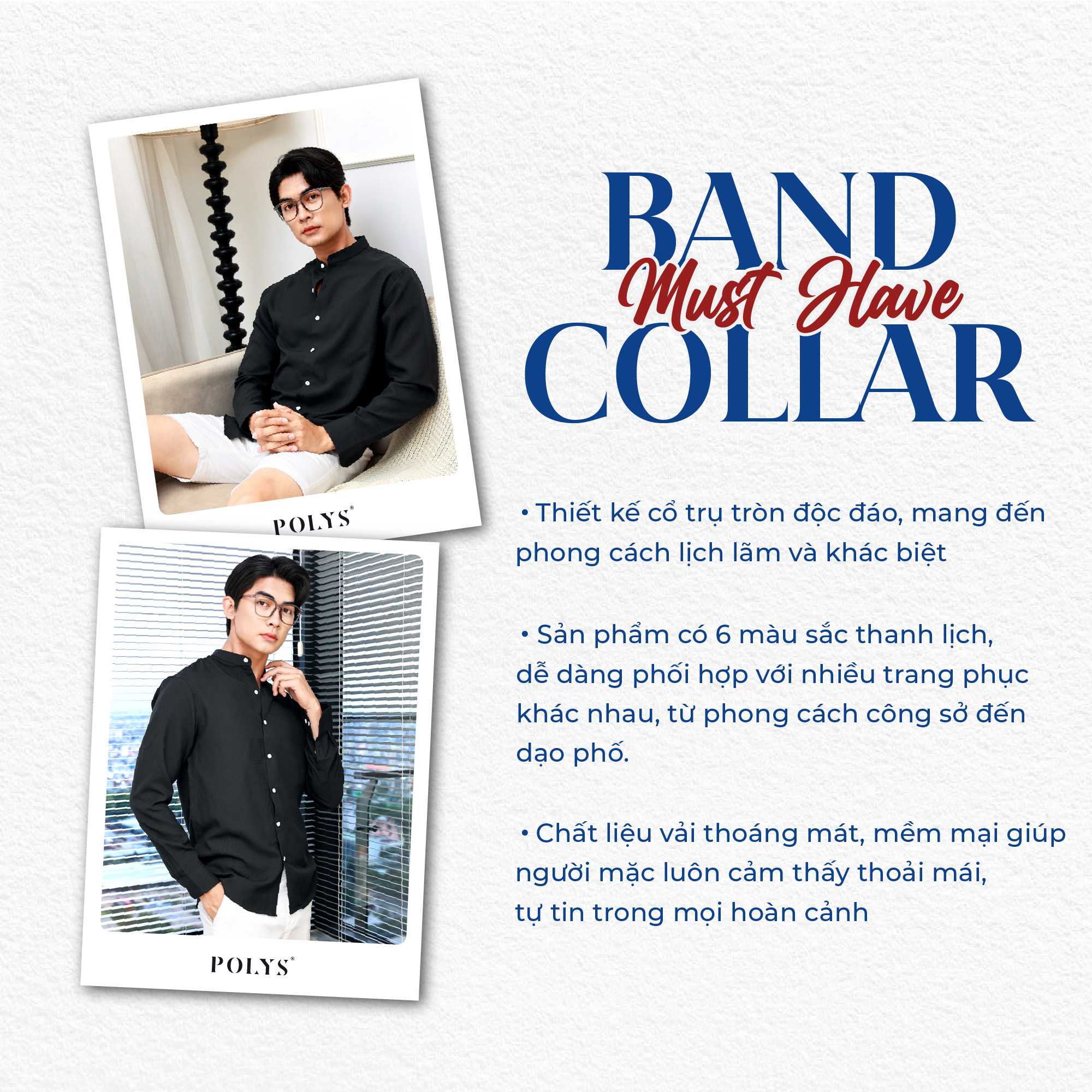 Mô tả Áo sơ mi cổ tàu tay dài POLYS Fullbox, Vải Ford mềm mịn, không nhăn Áo sơ mi cổ trụ tròn BAND COLLAR - 4