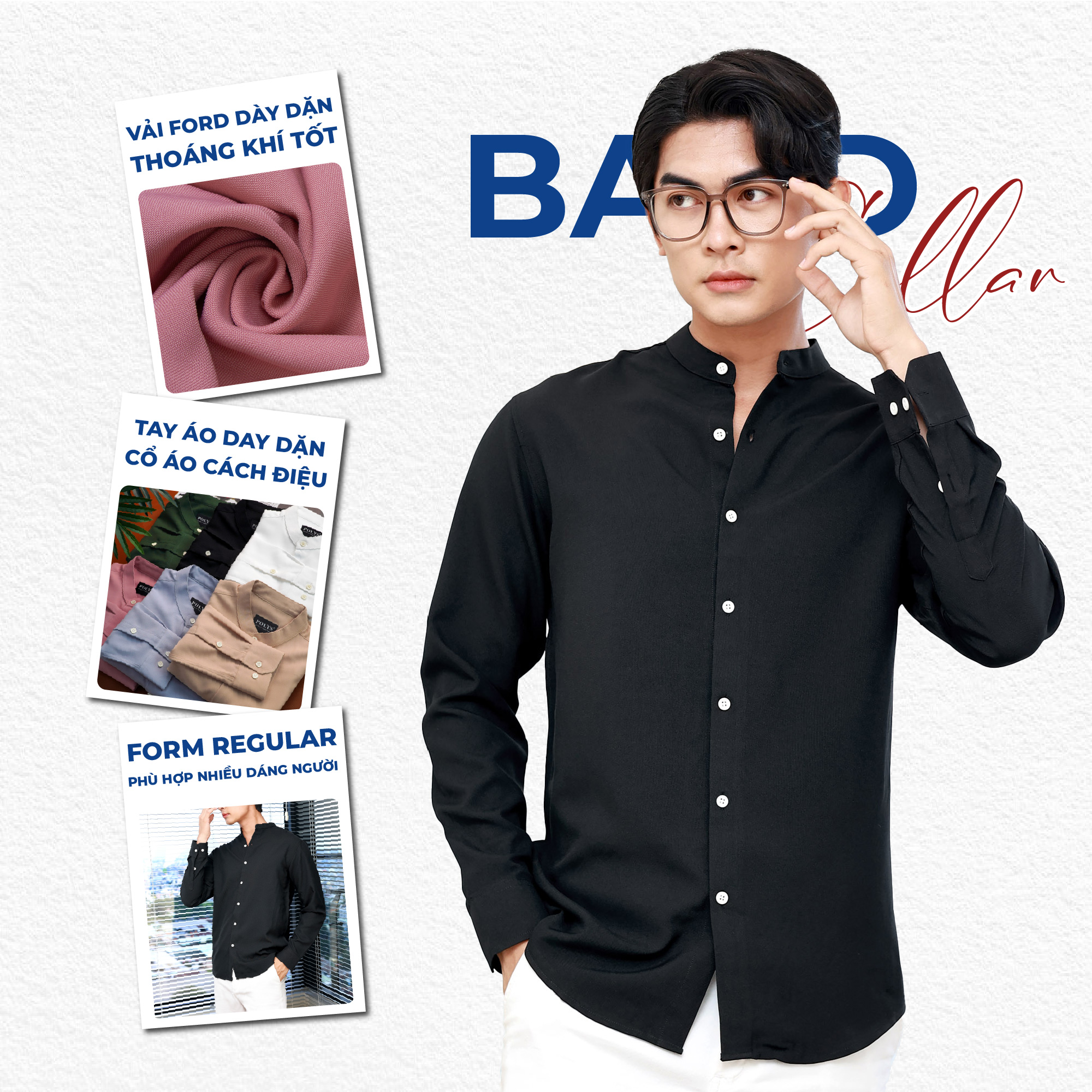 Mô tả Áo sơ mi cổ tàu tay dài POLYS Fullbox, Vải Ford mềm mịn, không nhăn Áo sơ mi cổ trụ tròn BAND COLLAR - 3
