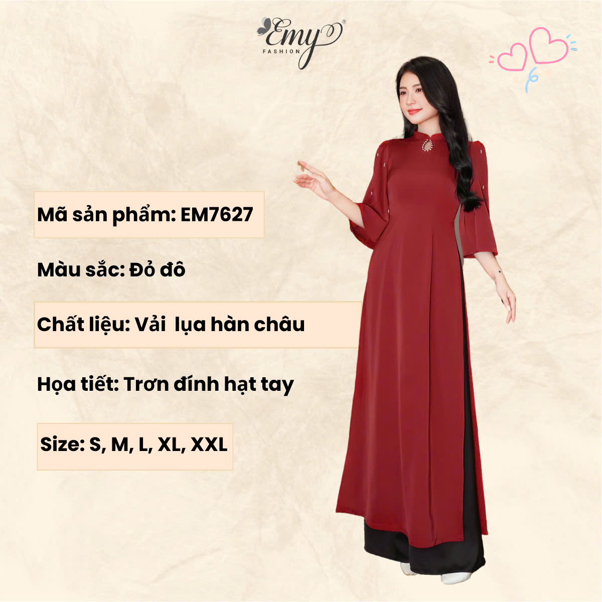 Mô tả Set Áo Dài Thiết Kế EMY Thời Trang Cao Cấp Trung Niên EM7627, Nền Đỏ Vải Lụa Hàn Châu Sang Chảnh - 3