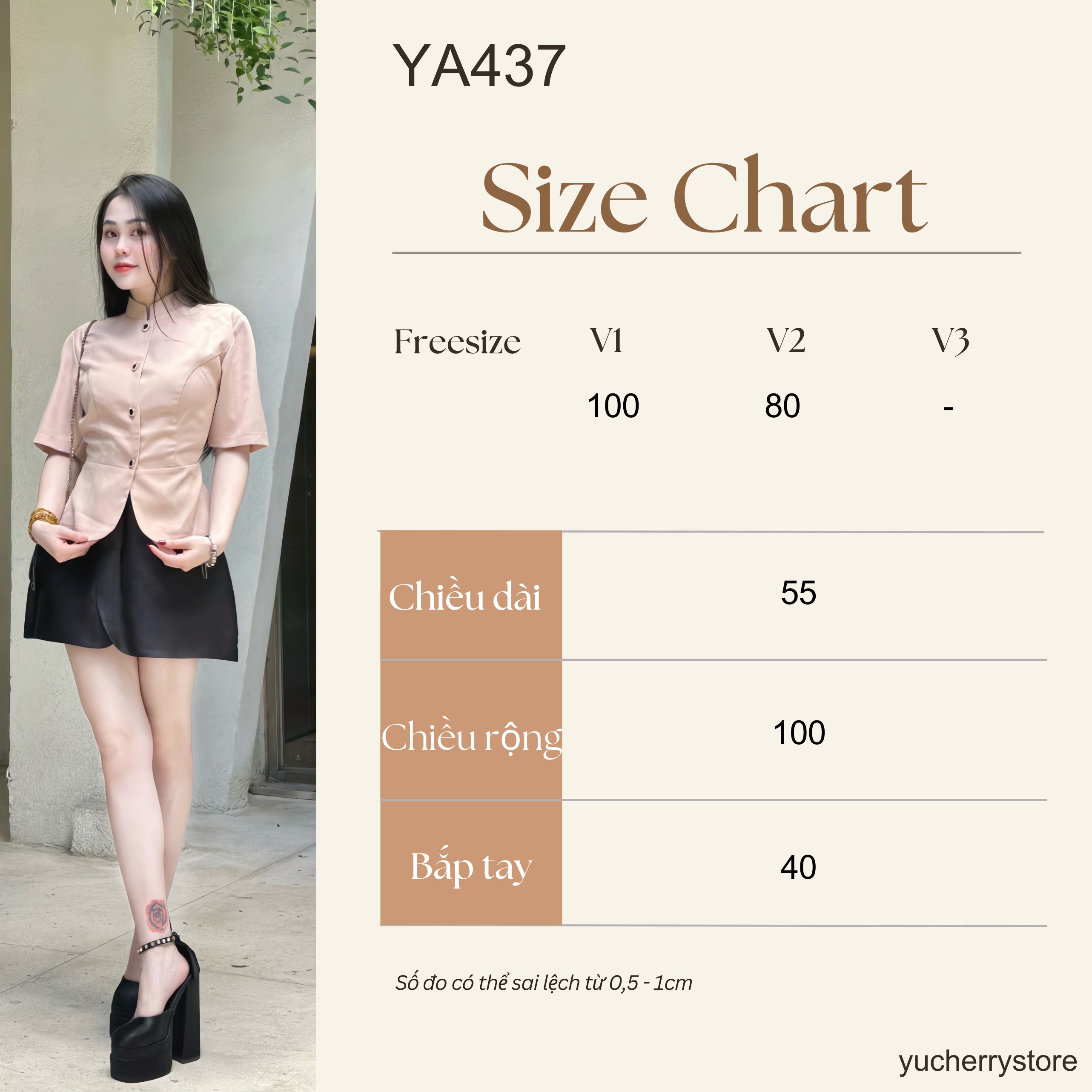 Mô tả YU CHERRY | Áo cổ trụ cao tròn, kiểu dáng sang trọng, nút kiểu đẹp Highneck Short Sleeve Top YA437 - 1