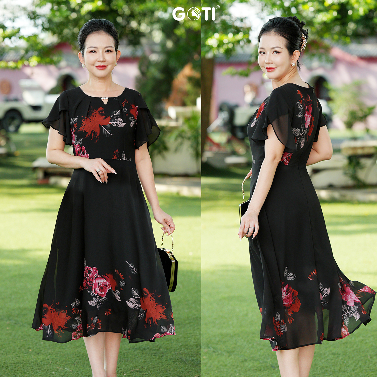 Mô tả GOTI - Đầm Xòe Dáng Dài Quý Bà Kiều Đầm Xòe Trung Niên Size Lớn In Hoa Có Size Cho Người Mập 3339 3254 - 1