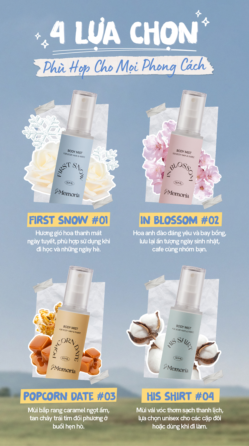 Mô tả Body Mist Xịt Thơm Cơ Thể De Memoria Không Cồn Khô 50ml - Mùi #01 First Snow Hương Hoa Thanh Mát - 7
