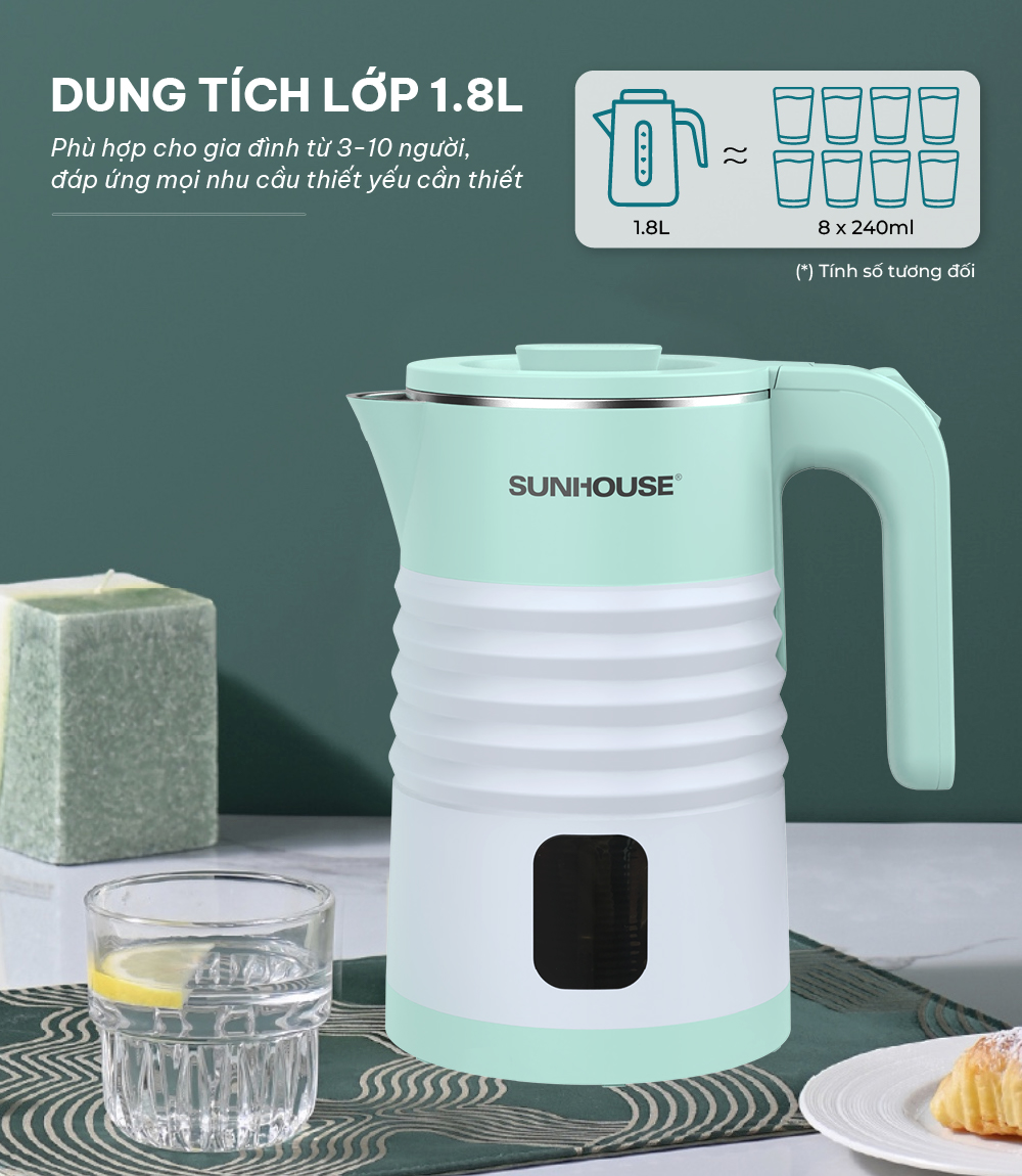 Mô tả Ấm siêu tốc inox 2 lớp 1.8L SUNHOUSE SHD1357 - 1500W - Bộ điều khiển Strix cao cấp – Thân ấm 2 lớp chống bỏng - 6
