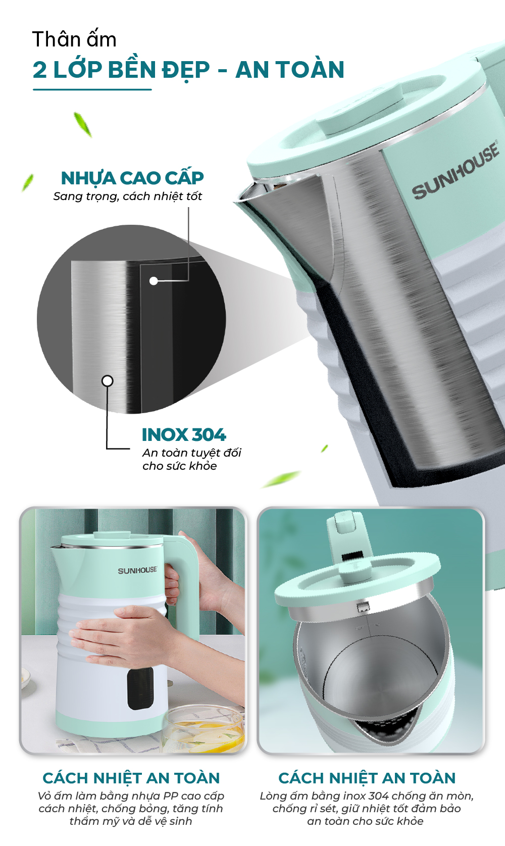 Mô tả Ấm siêu tốc inox 2 lớp 1.8L SUNHOUSE SHD1357 - 1500W - Bộ điều khiển Strix cao cấp – Thân ấm 2 lớp chống bỏng - 7