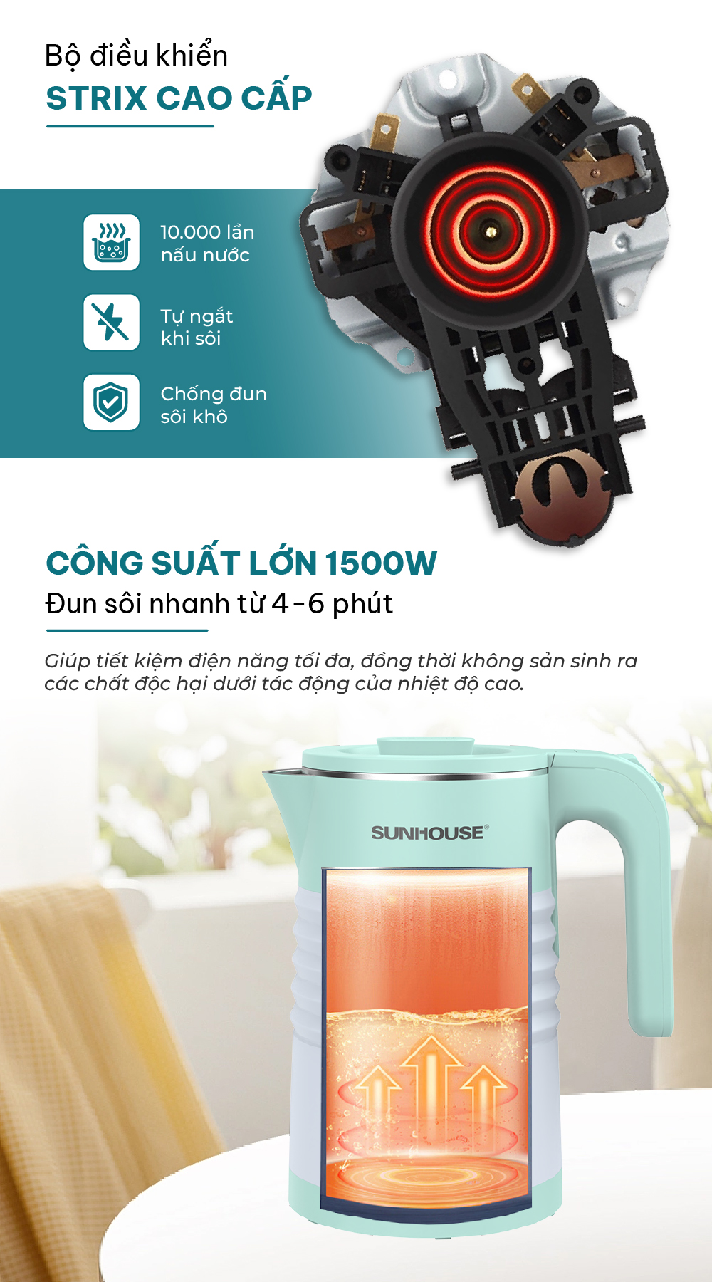 Mô tả Ấm siêu tốc inox 2 lớp 1.8L SUNHOUSE SHD1357 - 1500W - Bộ điều khiển Strix cao cấp – Thân ấm 2 lớp chống bỏng - 8