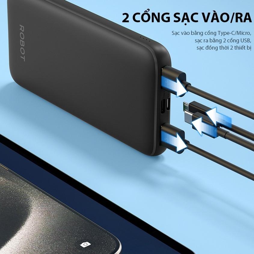 Mô tả Pin Sạc Dự Phòng 10000mAh ROBOT RT12 Có 2 Cổng Sạc Ra USB & 2 Cổng Sạc Vào Micro/Type-C Nhỏ Gọn Tiện Lợi - 4