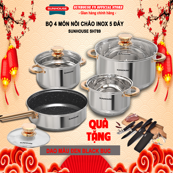 Bộ 4 món nồi chảo Inox 5 đáy từ Sunhouse SHG789 | Shopee Việt Nam