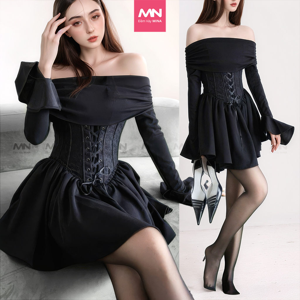 Mô tả Đầm trễ vai Corset MINA thiết kế dự tiệc, dạ hội chất liệu Cotton Nhật phối ren MN285 - 1
