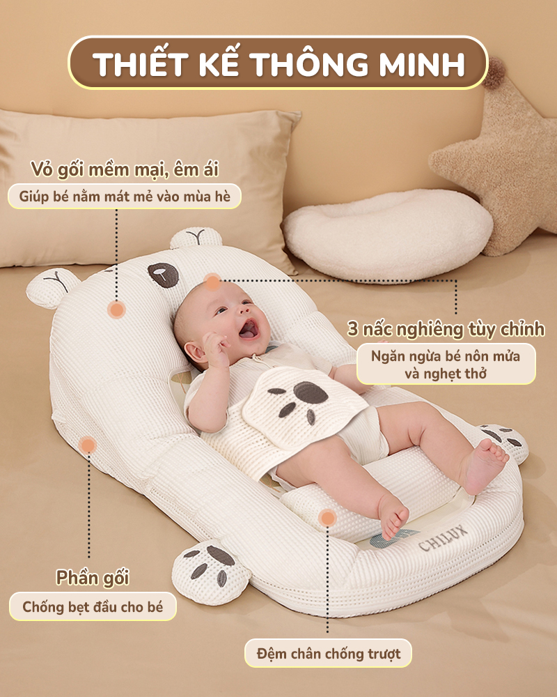 Mô tả Gối chống trào ngược cho bé gấu trắng Chilux - Thiết kế 3 nấc nghiêng tuỳ chỉnh, gối định hình - 2
