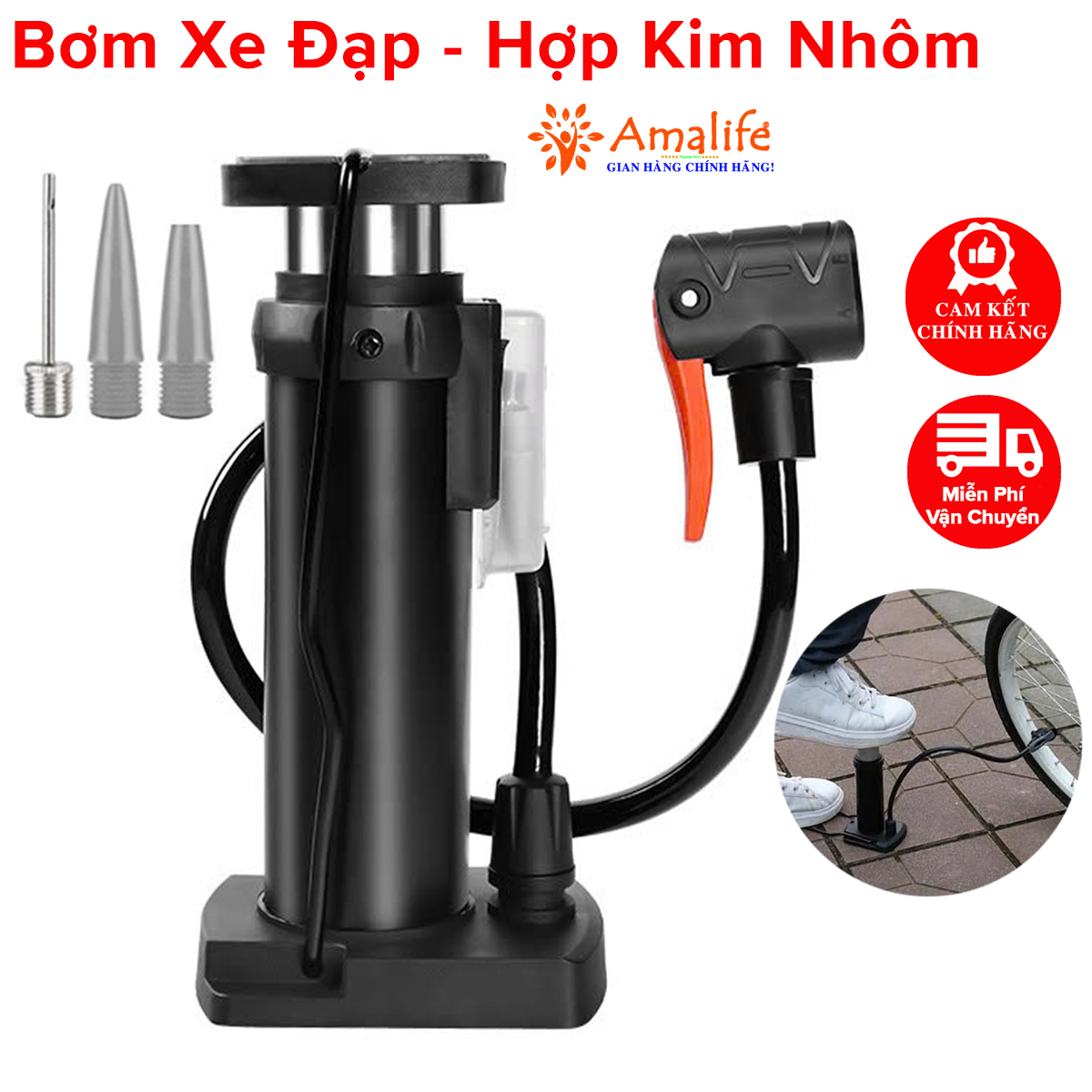 Mô tả Bơm Xe Đạp Bơm Xe Máy Nhỏ Gọn Đầu Van Đa Năng Bằng Hợp Kim Nhôm Cao Cấp Chính Hãng Amalife - 1