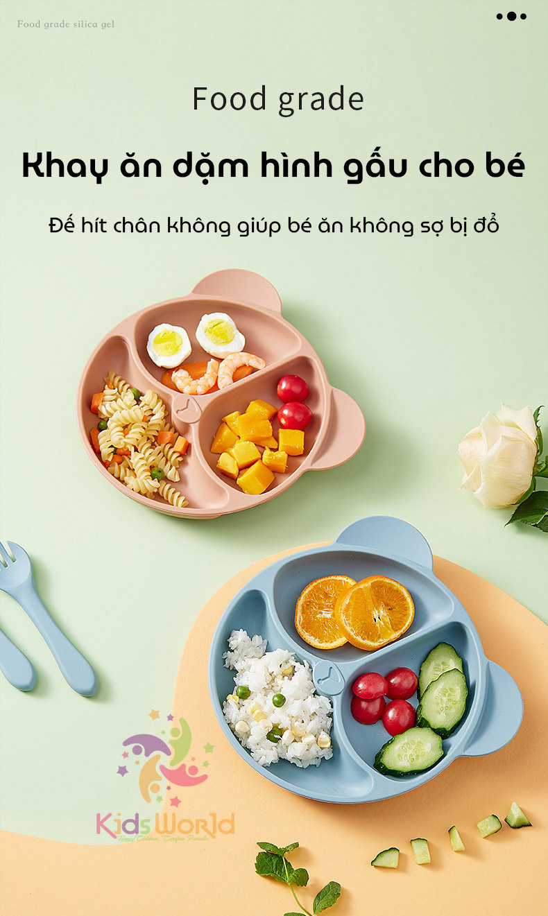 Mô tả Khay cho bé ăn dặm silicon hình gấu KidAndMom 3 ngăn có đế hút chân không chống trơn trượt - 1
