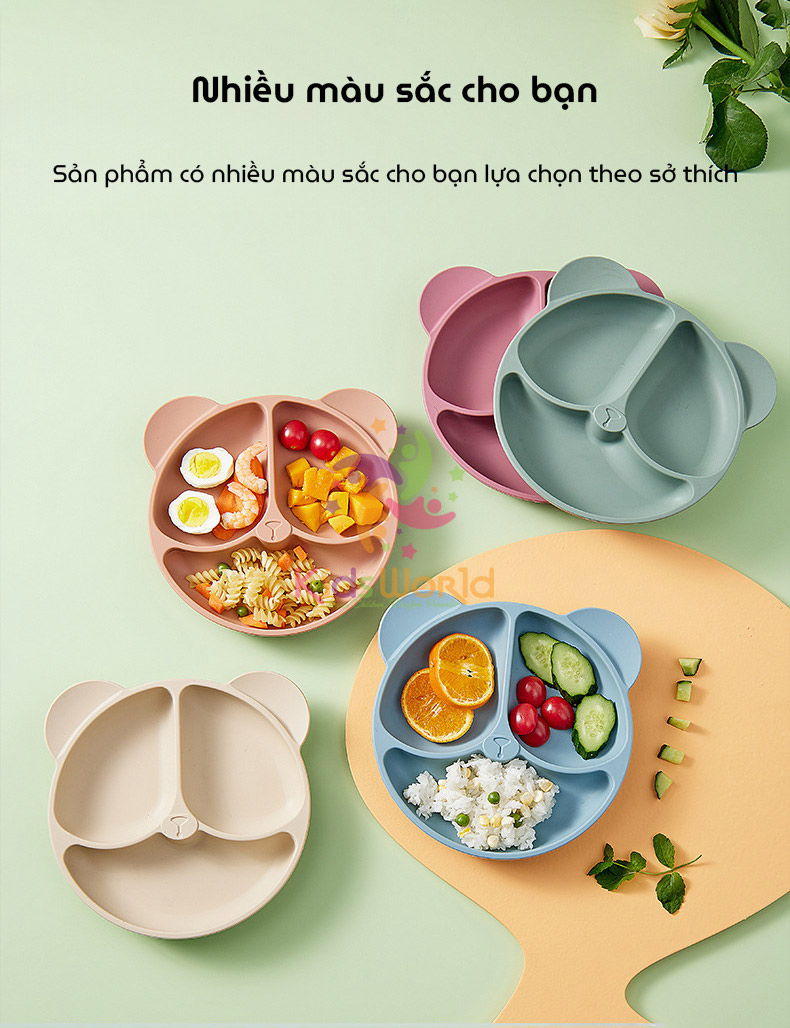 Mô tả Khay cho bé ăn dặm silicon hình gấu KidAndMom 3 ngăn có đế hút chân không chống trơn trượt - 8