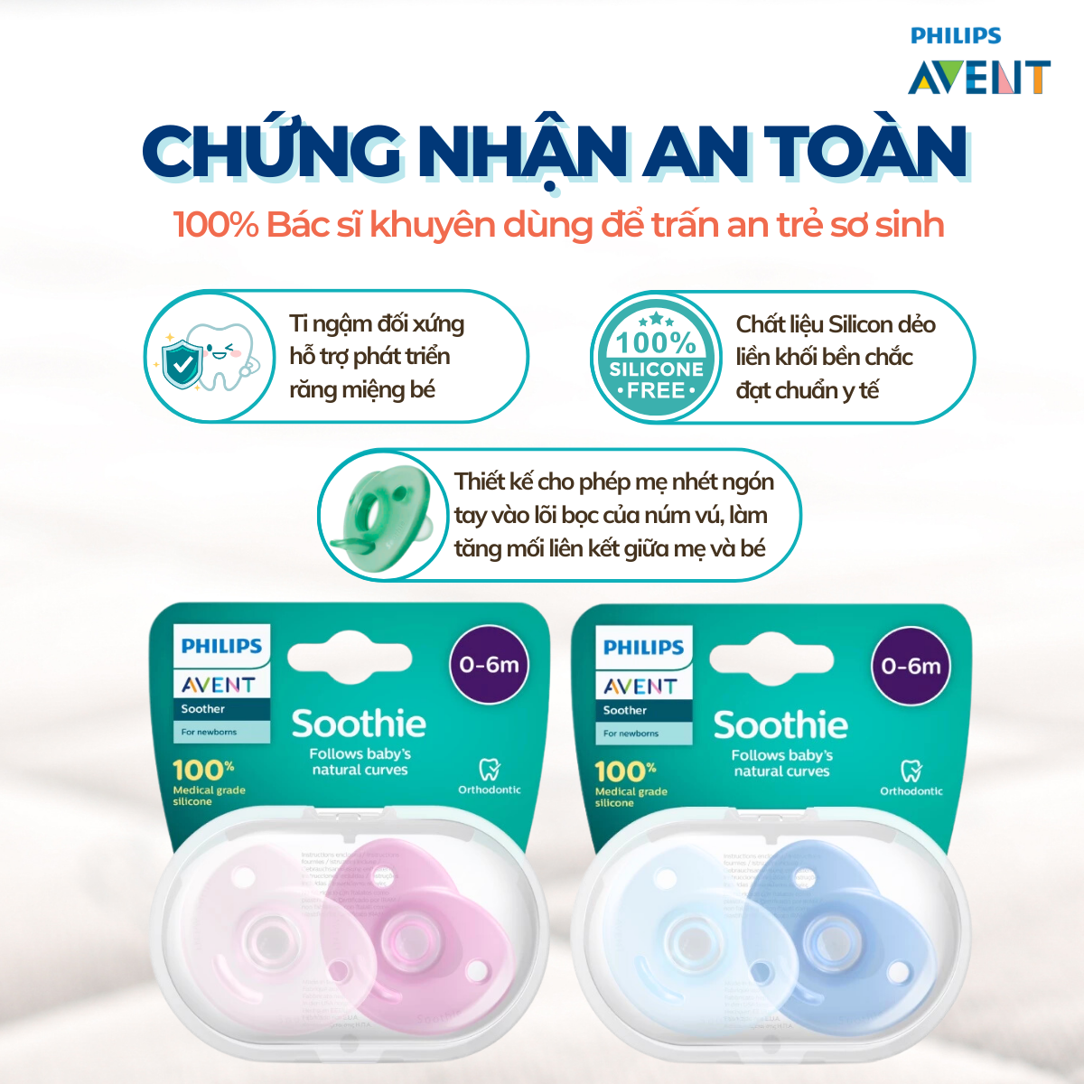 Mô tả Ti Giả Avent Soothie Silicon Nguyên Khối Hỗ Trợ Chỉnh Nha, Chống Hô Vẩu - 2