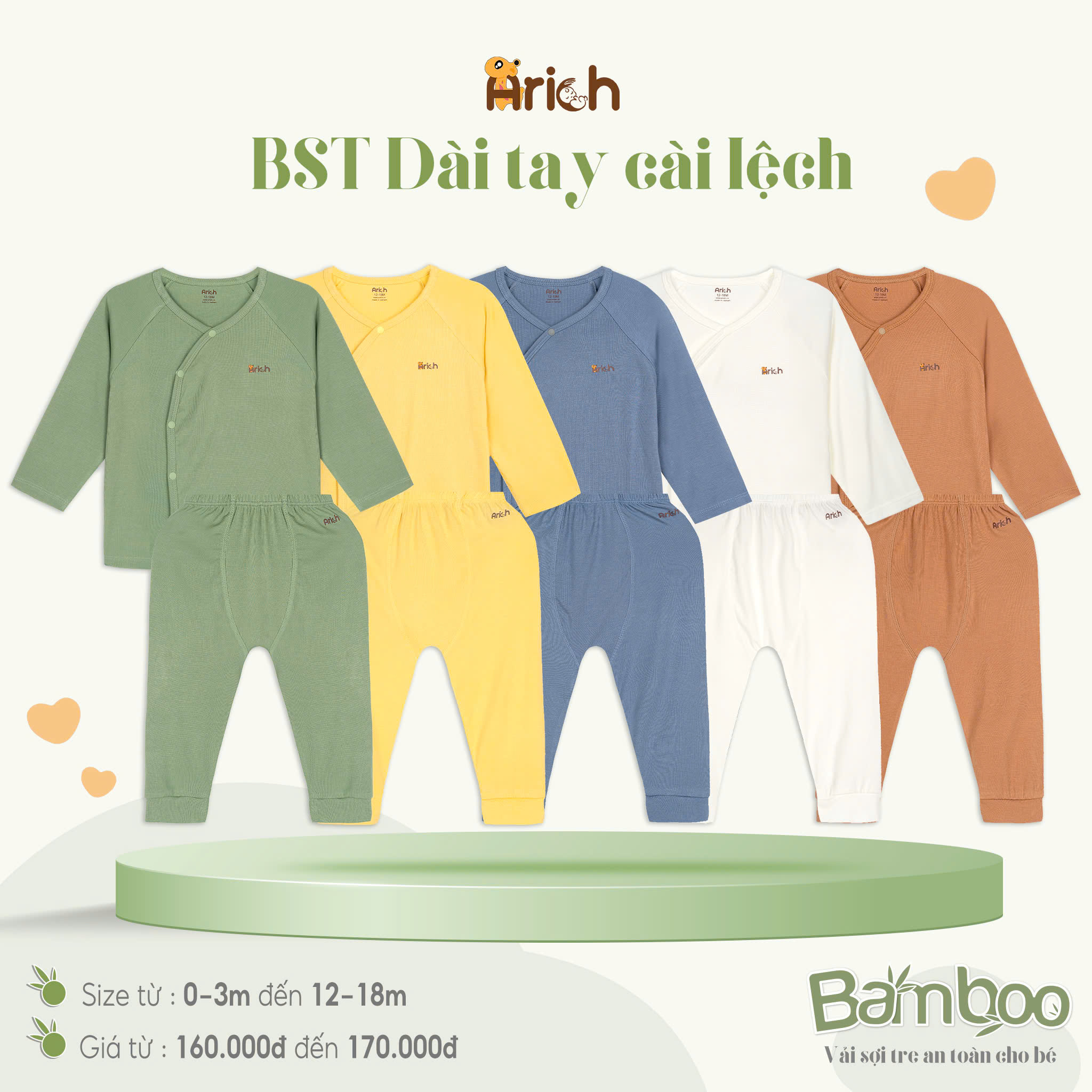Mô tả Bộ dài tay cài lệch Arich vải sợi tre cho bé trai, bé gái size 0 đến 18 tháng - 1