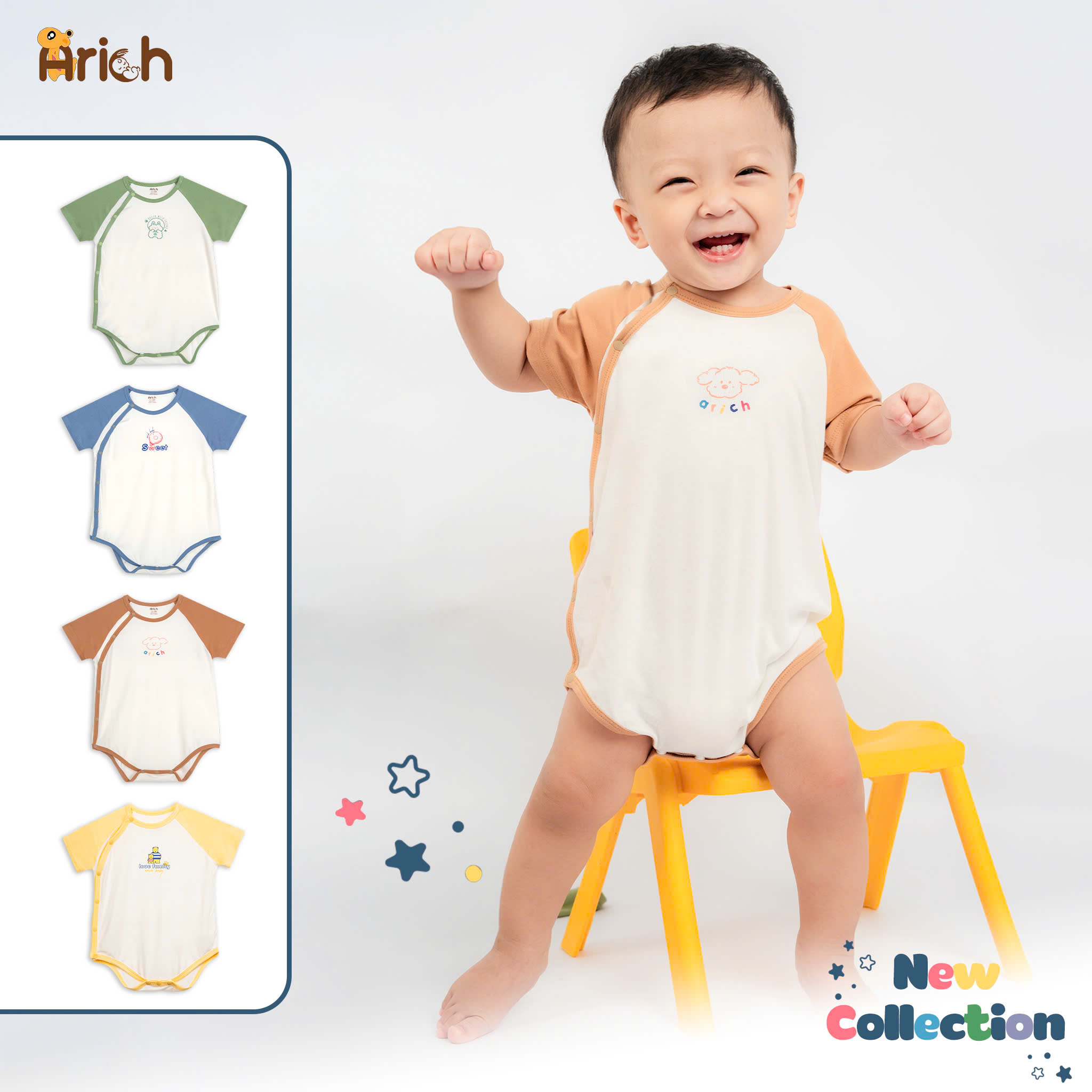 Mô tả Newborn - 18 tháng , Body chip cộc tay cài lệch Arich phối hình in cho bé trai, bé gái - 1