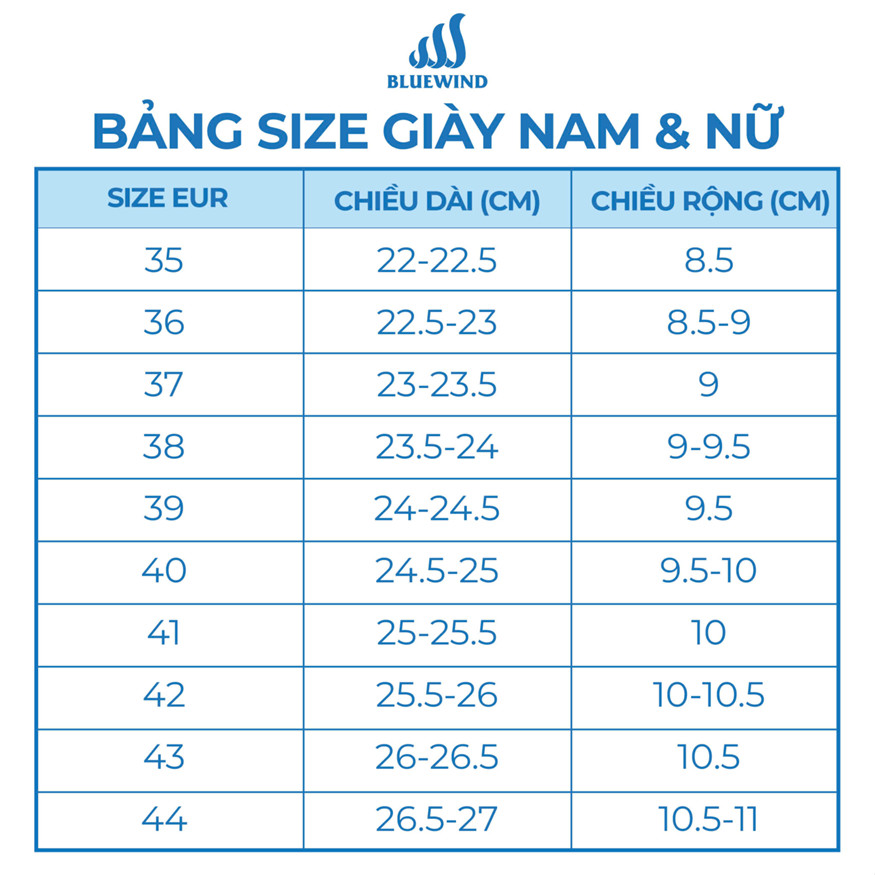 Lót giày BLUEWIND 9308 bảng size