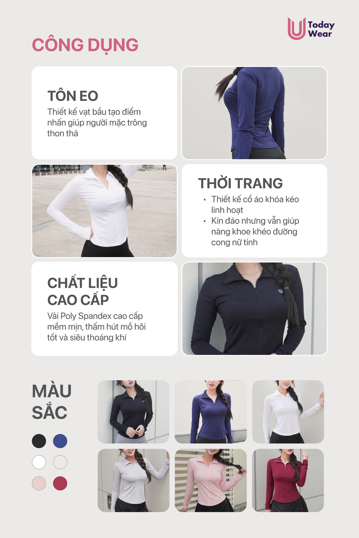 Mô tả Áo thể thao nữ dài tay cổ polo có bigsize Jolie Long Top Today U Wear chống nắng mềm mịn thoải mái tập gym yoga - 2