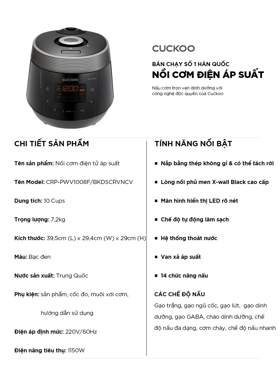 Mô tả Nồi cơm điện tử áp suất Cuckoo 1.8L CRP-PWV1008F - Lòng nồi phủ men Xwall độc quyền - 12