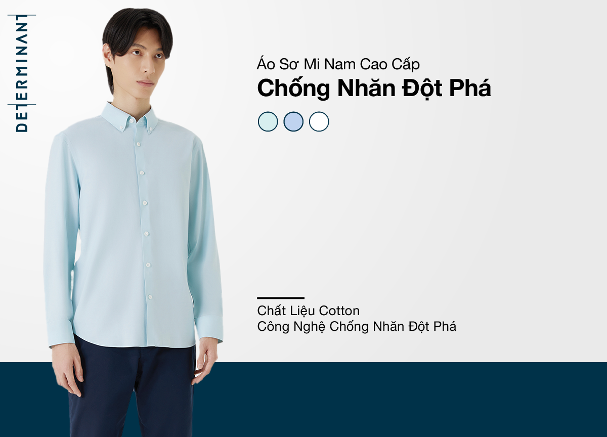 Mô tả Áo sơ mi nam tay dài DETERMINANT 100% cotton siêu dài - công nghệ Visdry, chống nhăn -  SS01 - màu xanh - 1