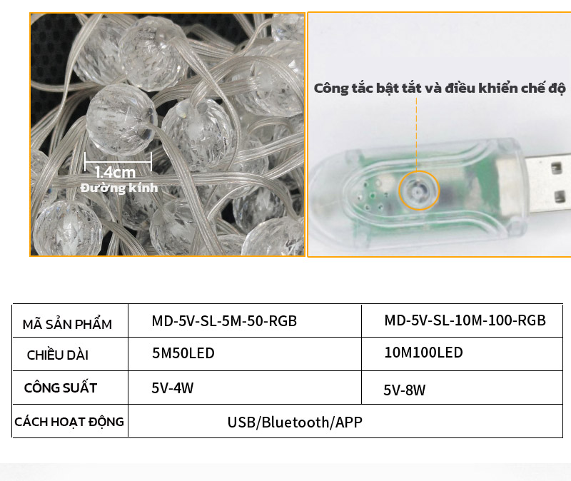 Mô tả Dây Đèn Led Trang Trí 5M 10M MODI SOLAR Pha Lê Cắm Điện Không Thấm Nước - 7