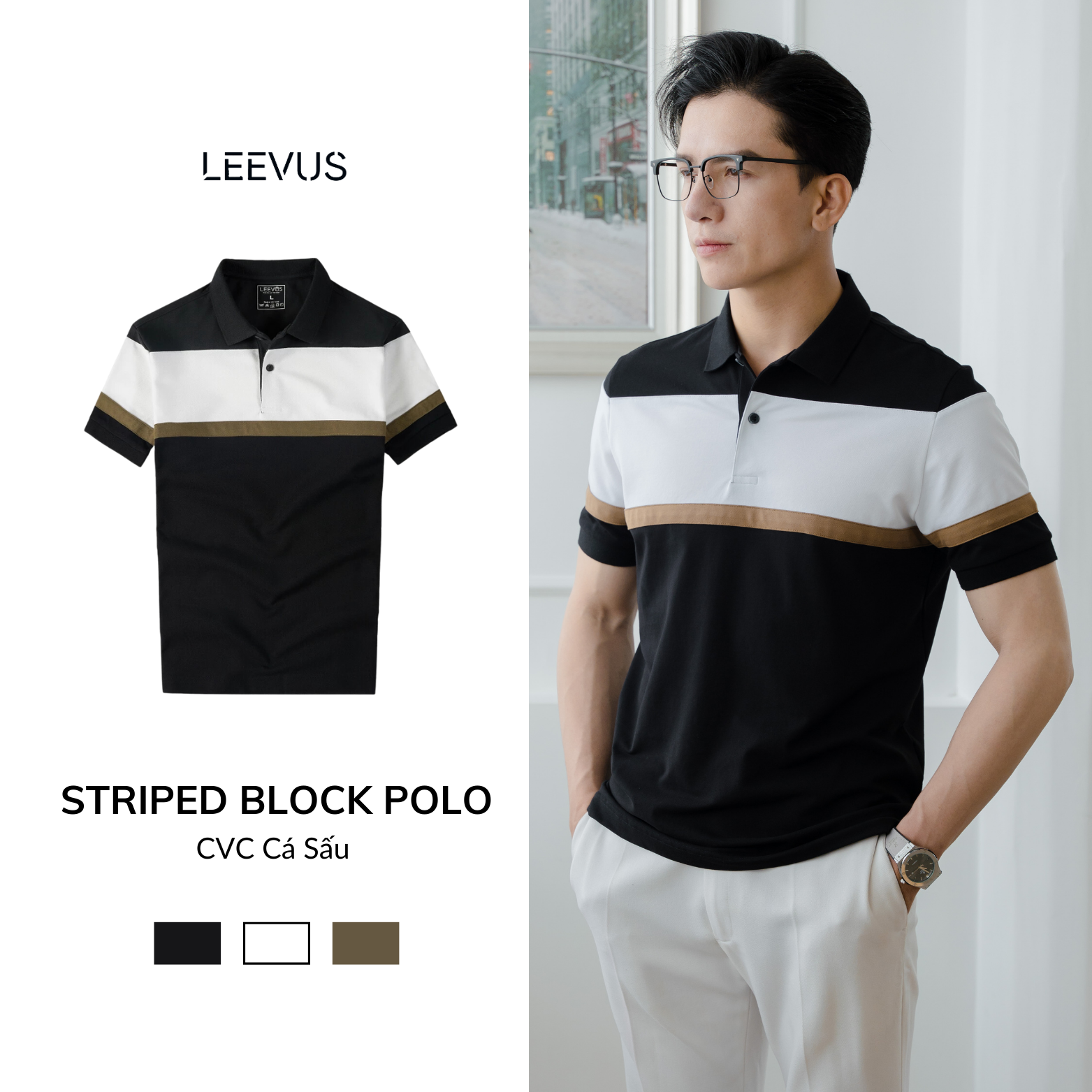 Mô tả Áo Polo nam STRIPED BLOCK LEEVUS phối màu, vải CVC cá sấu, form regular APL312 - 1
