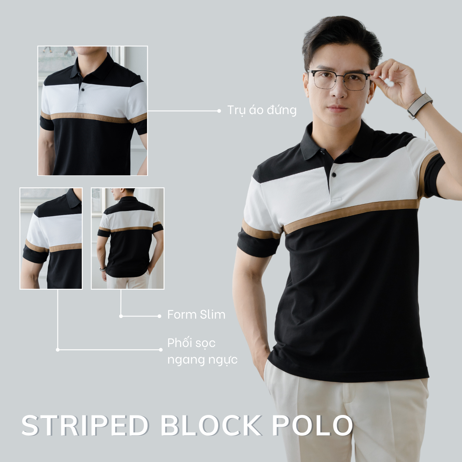 Mô tả Áo Polo nam STRIPED BLOCK LEEVUS phối màu, vải CVC cá sấu, form regular APL312 - 2