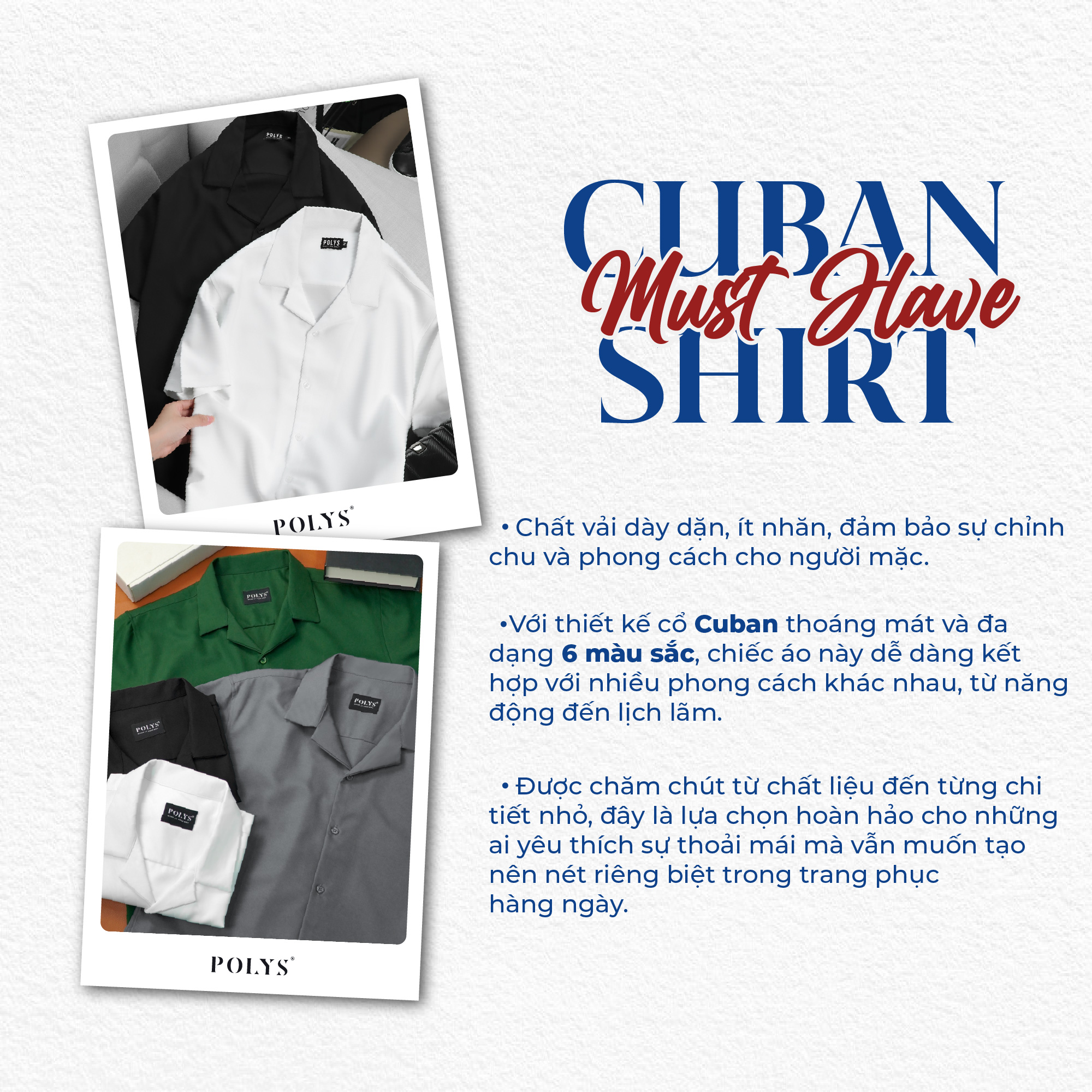 Mô tả Áo sơ mi nam POLYS Fullbox, Vải Chéo Thái 6 Màu dày dặn. Áo sơ mi tay ngắn Cổ Vest CUBAN SHIRT - 6