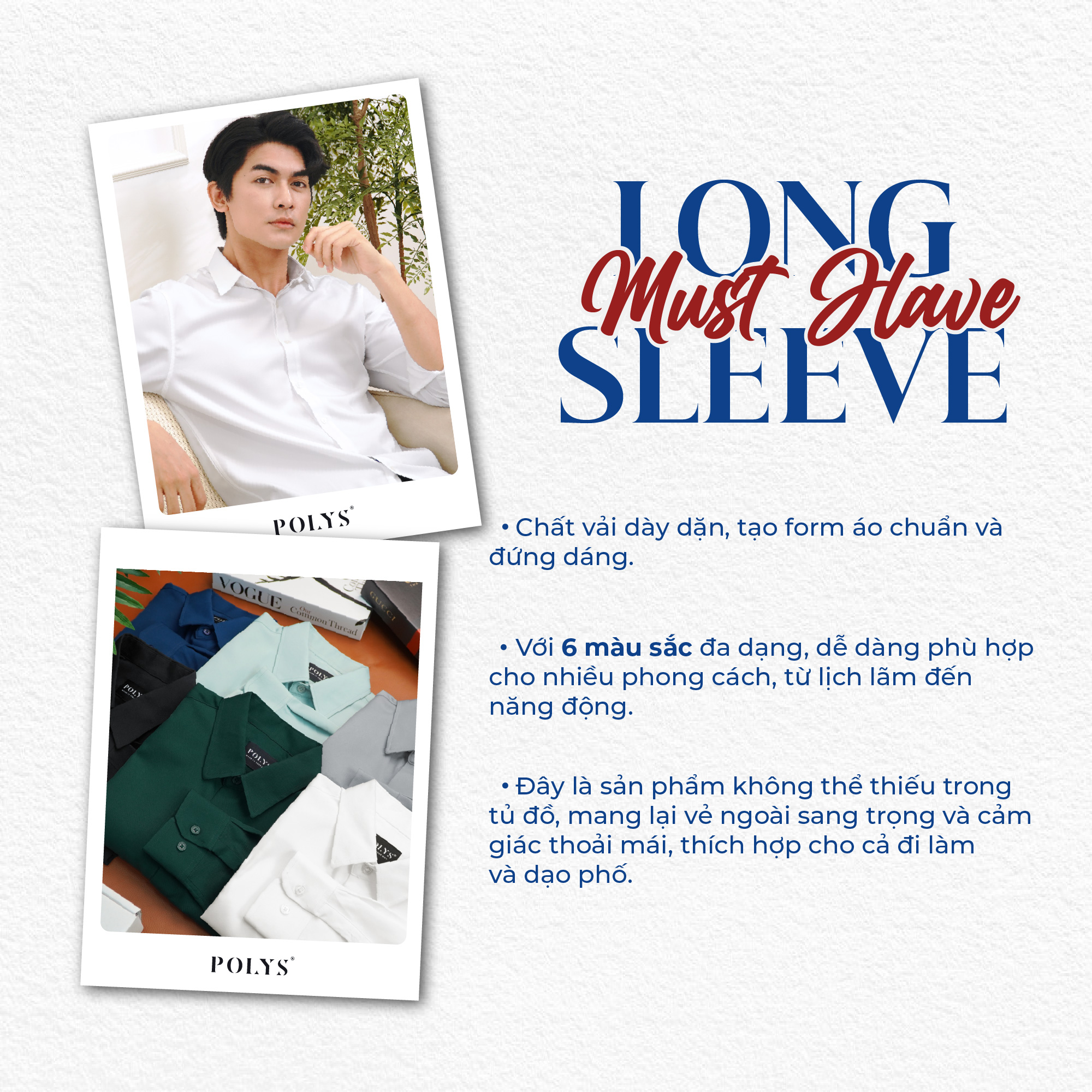 Mô tả Áo sơ mi nam tay dài POLYS Fullbox. Vải Chéo dày dặn, co giãn 2 chiều, Áo Sơ Mi 6 màu LONG SLEEVE - 2