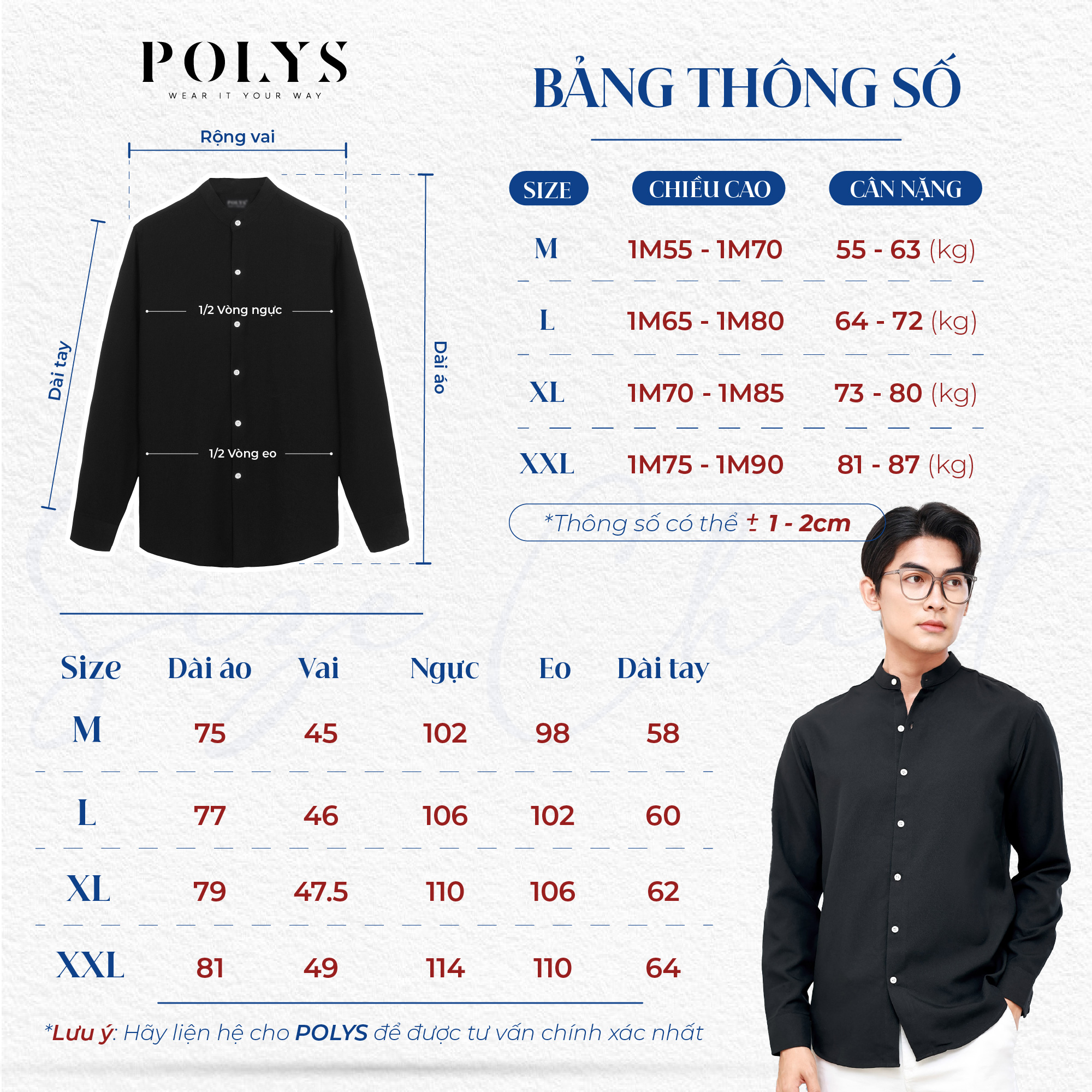 Mô tả Áo sơ mi cổ tàu tay dài POLYS Fullbox, Vải Ford mềm mịn, không nhăn Áo sơ mi cổ trụ tròn BAND COLLAR - 6