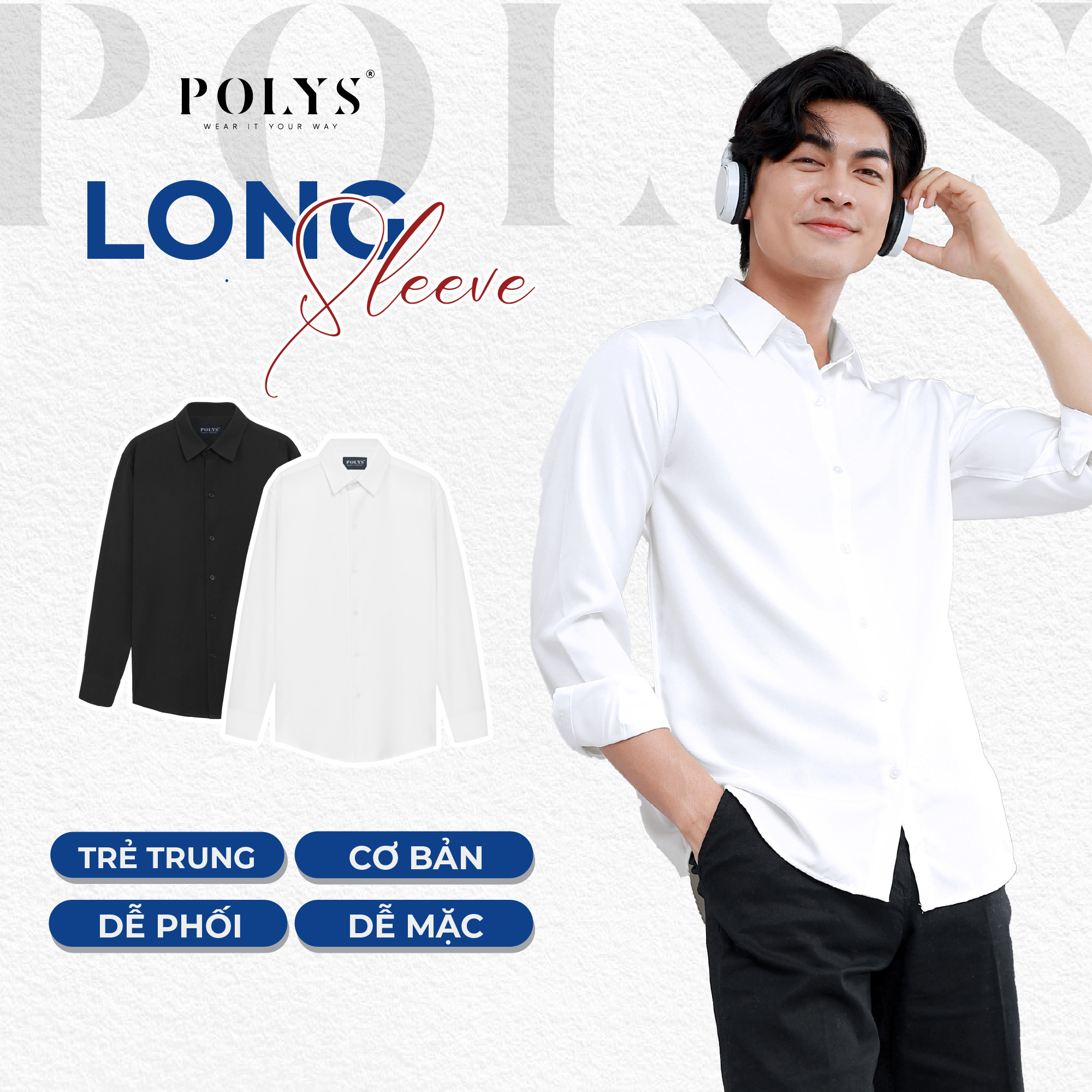 Mô tả Áo sơ mi nam tay dài Trắng Đen POLYS Fullbox, Vải Chéo Thái dày dặn, co giãn, thoáng khí LONG SLEEVE - 1
