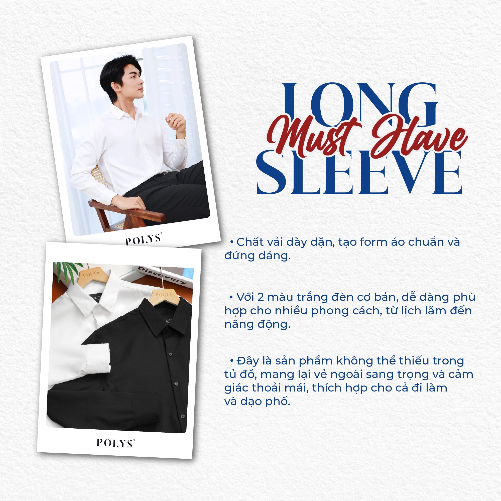 Mô tả Áo sơ mi nam tay dài Trắng Đen POLYS Fullbox, Vải Chéo Thái dày dặn, co giãn, thoáng khí LONG SLEEVE - 3
