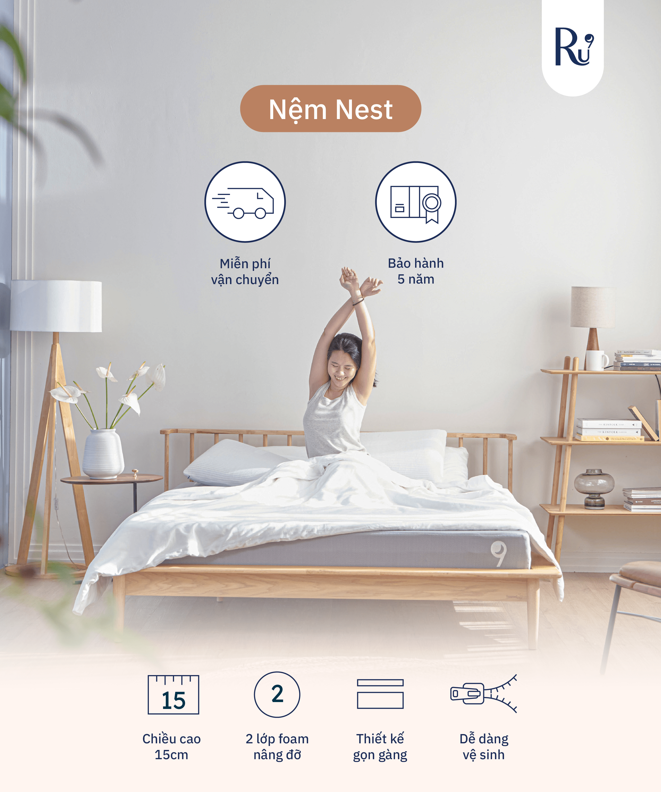 Mô tả Nệm Foam Cao Cấp Nest Ru9 15cm | Màu Xám | 2 Lớp Foam Nâng Đỡ | Bao Gồm 6 Kích Thước - 1