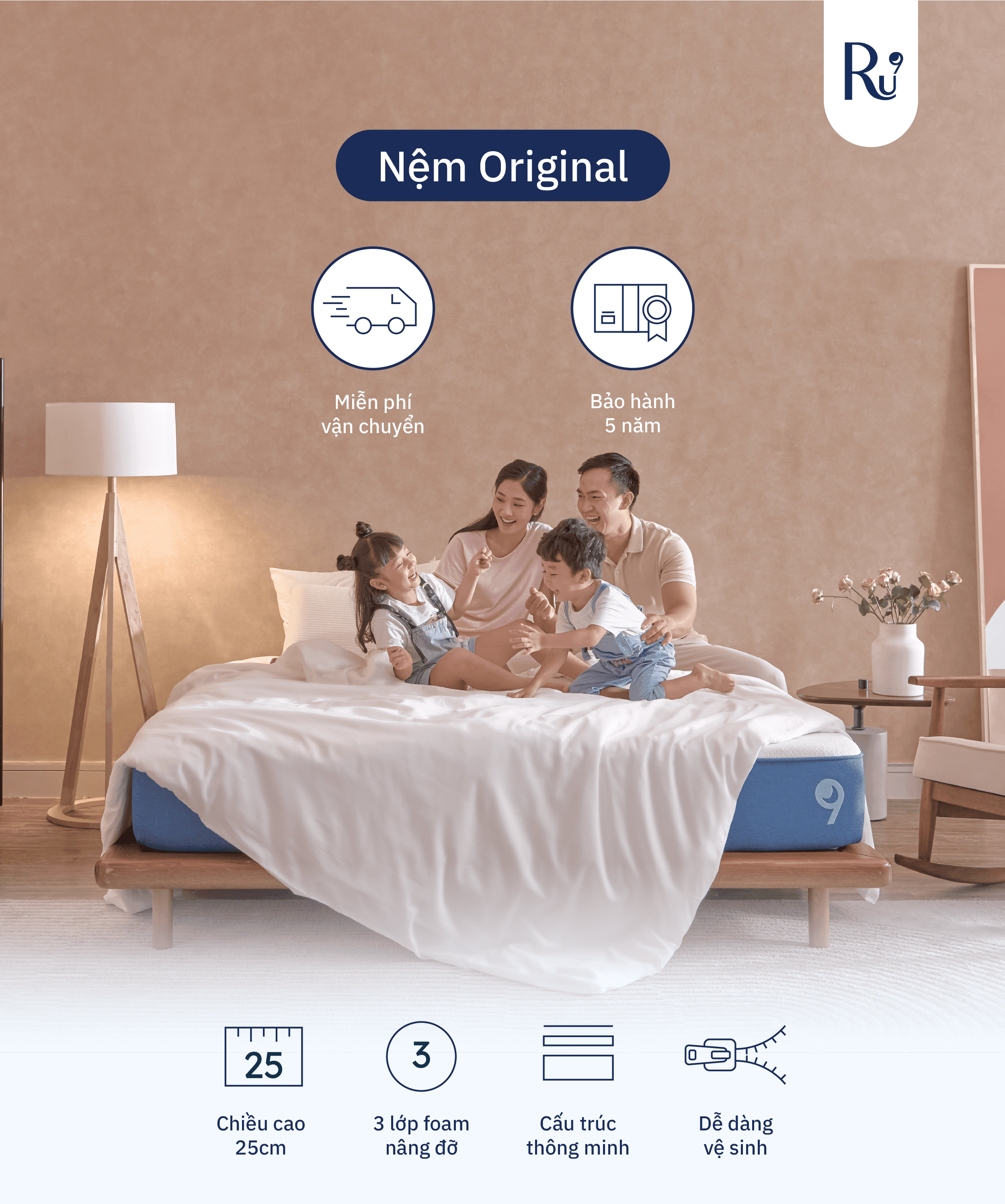 Mô tả Nệm Foam Cao Cấp Ru9 Original 25cm - Trắng Xanh | 3 Lớp Foam Nâng Đỡ Cơ Thể | Bao Gồm 6 Kích Thước - 1
